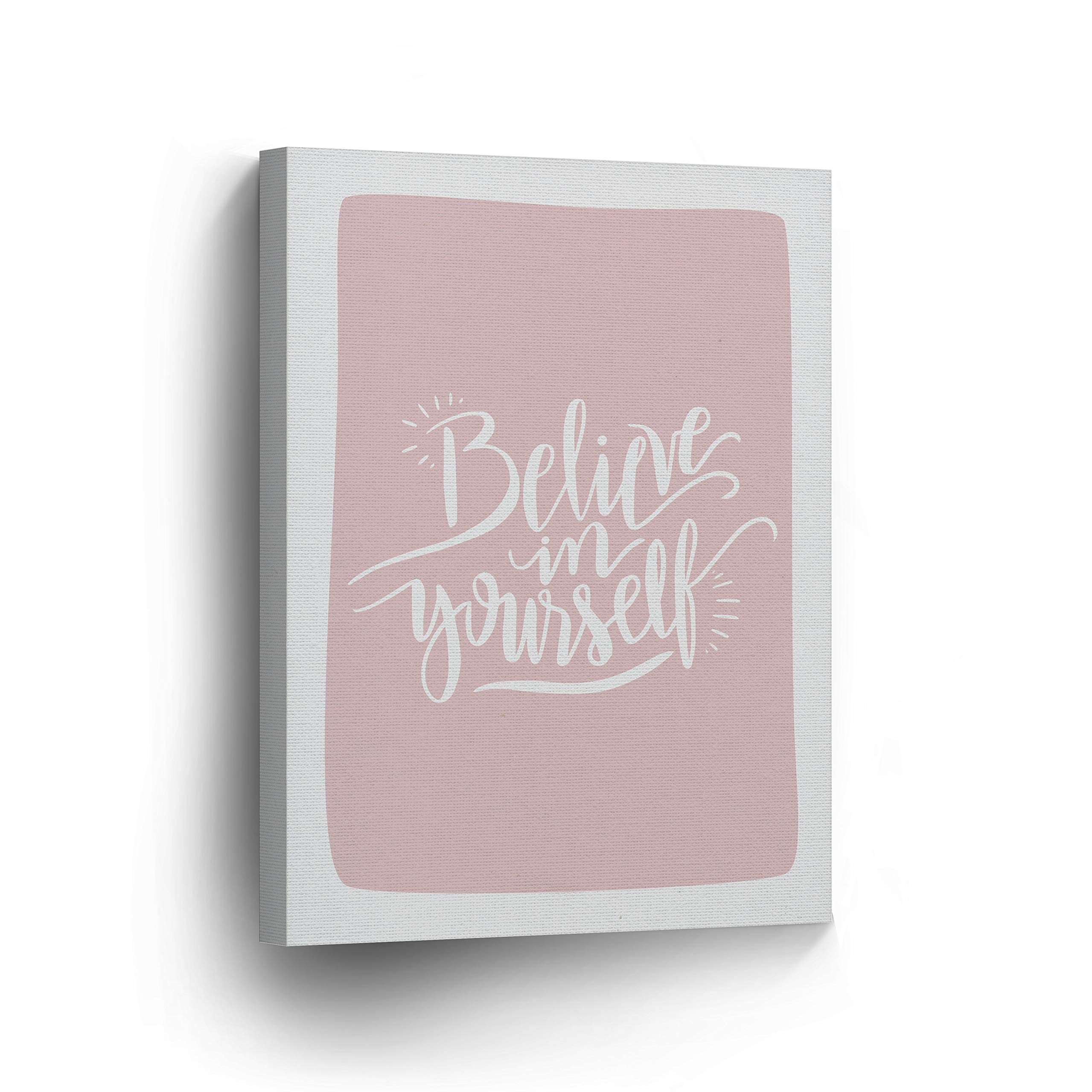 Believe in Yourself Inspirational Wall Art - Pink Lettering Canvas Print for Kids Room, Nursery & Baby Room Decor - Ready to Hang 28x19 Inch - Made in USA | Perfect for Bedrooms, Playrooms & Motivational Gifts