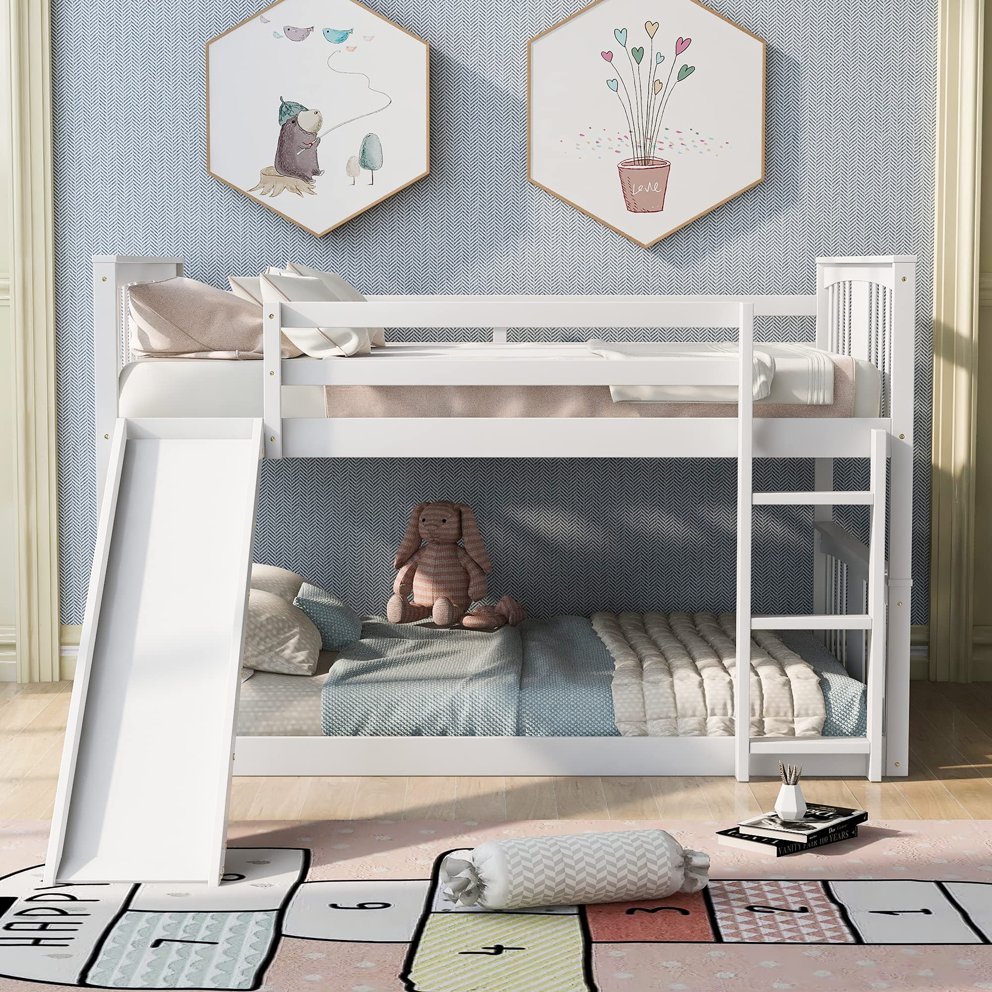 Full Over Full Bunk Bed with Slide & Ladder - Sturdy Wooden Bunk Beds for Kids, Teens & Adults - Space-Saving Twin Bunk Bed for Small Rooms - No Box Spring Needed - Perfect for Bedrooms, Dorms & Vacation Homes