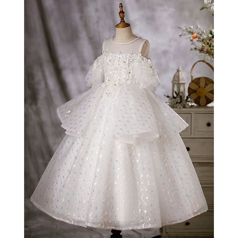 Elegant White Organza Flower Girl Dress with Jewel Neckline - Perfect for Weddings, Pageants & Special Occasions