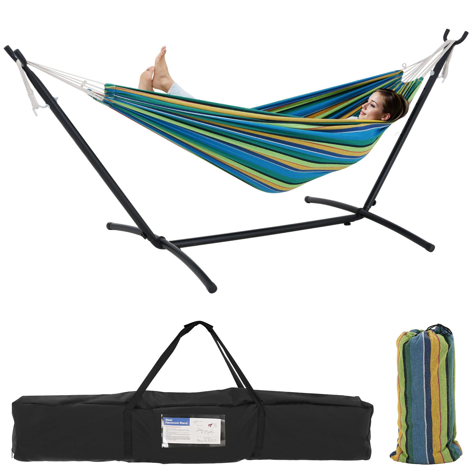 Double Hammock with Stand - 450lb Capacity Space-Saving Steel Frame & Premium Carry Bag - Perfect for Outdoor, Indoor, Yard, Camping (Vigor Green) - Ideal for Backyard Relaxation, Beach Trips, and Patio Lounging