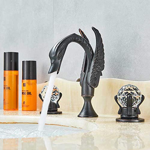 Luxury Rozin Gold Swan Bathroom Sink Faucet - Deck Mounted Dual Crystal Handle Mixer Tap for Hot & Cold Water - Elegant Black Bronze Finish - Perfect for Modern Bathrooms & Vanities