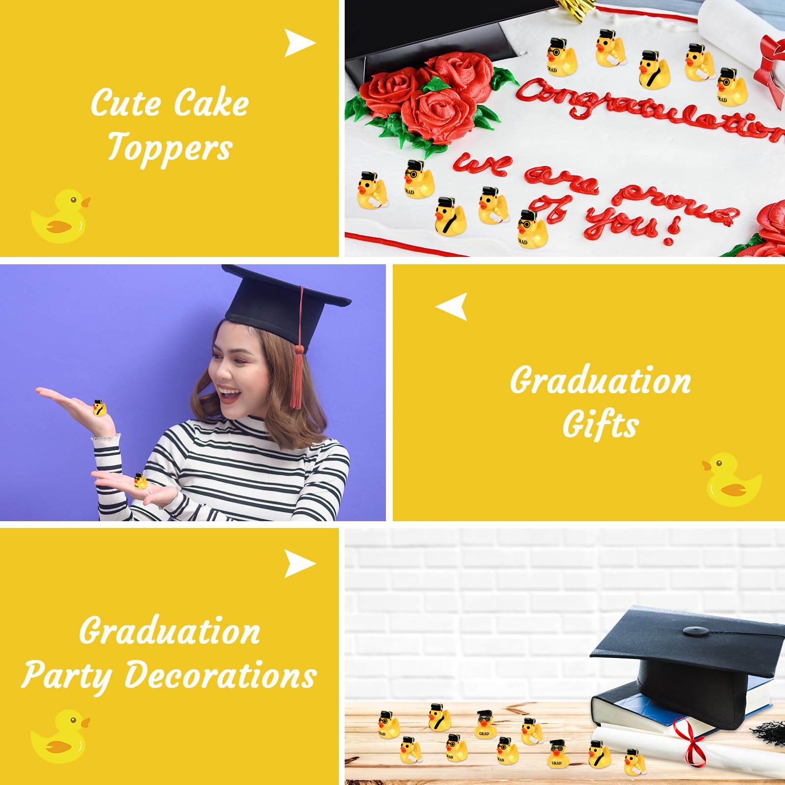60 Pcs Mini Graduation Resin Ducks with Caps - Bulk Yellow Grad Duck Decorations for Graduation Parties, Gifts & Keepsakes (3 Styles) - Perfect for Graduation Centerpieces, Cake Toppers & Goodie Bag Fillers