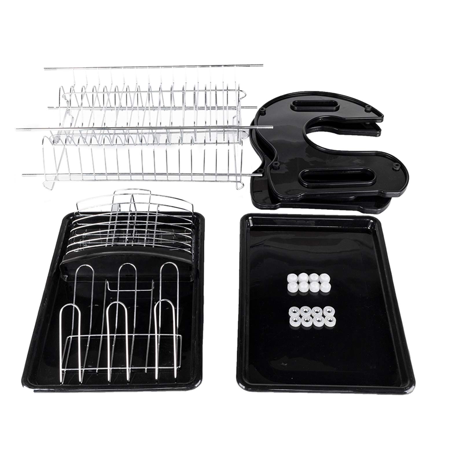 2-Tier Plastic Dish Drying Rack with Drainboard & Utensil Holders - Space Saving Kitchen Counter Organizer for Plates, Cups & Cutlery (Black/Silver, 17.3