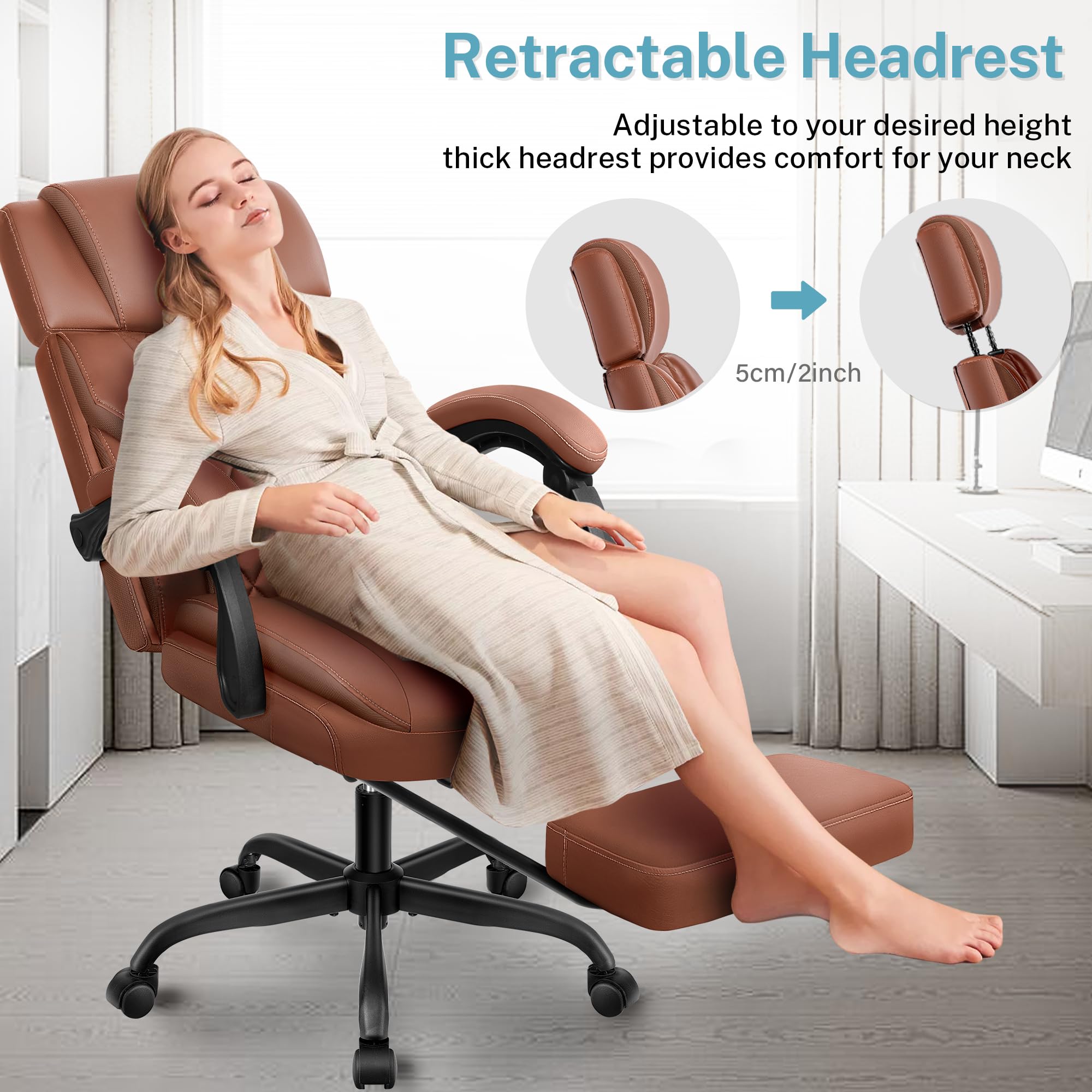 Premium Executive Leather Office Chair - Big & Tall Ergonomic Desk Chair with Adjustable Lumbar Support, Footrest & Reclining Function - Perfect for Home Office, Gaming & Professional Workspaces