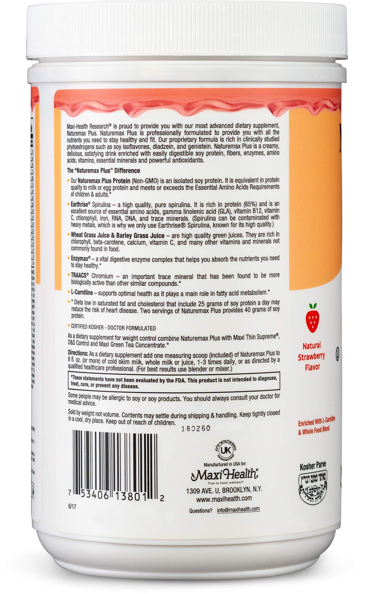 Maxi-Health NatureMAX PlusTM Energy Support Drink Soy Protein Powder - Sugar Free, 20g Protein Per Serving, Natural Strawberry Flavor, Kosher & Vegan Friendly - 1lb for Post-Workout Recovery & Healthy Lifestyle