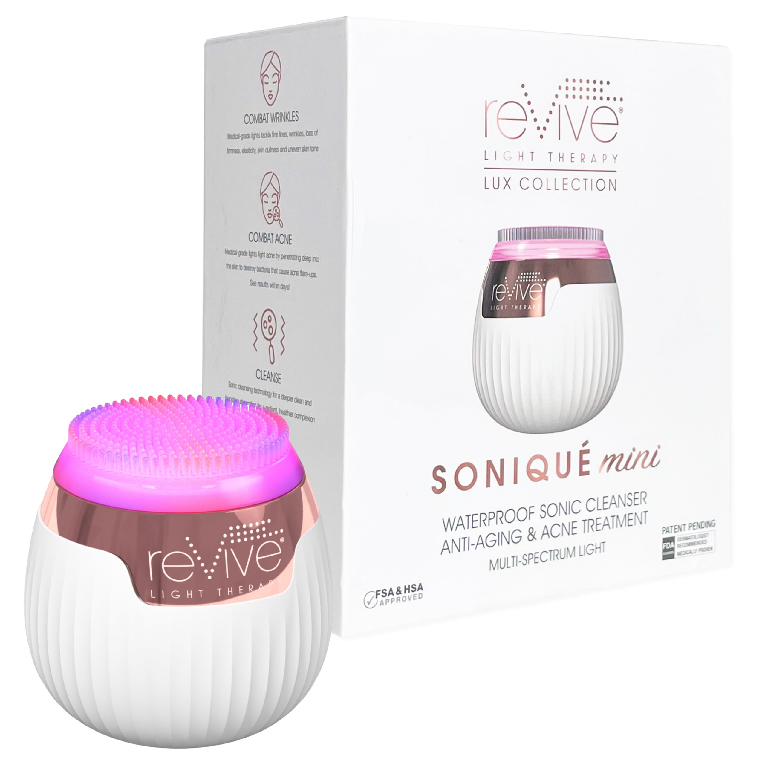 Revive LED Technologies Lux Collection Soniqué Mini Sonic Facial Cleansing Brush with Red & Blue Light Therapy - Reduces Acne & Wrinkles, Deep Pore Cleanser for Sensitive Skin | Perfect for Daily Skincare Routine & Travel