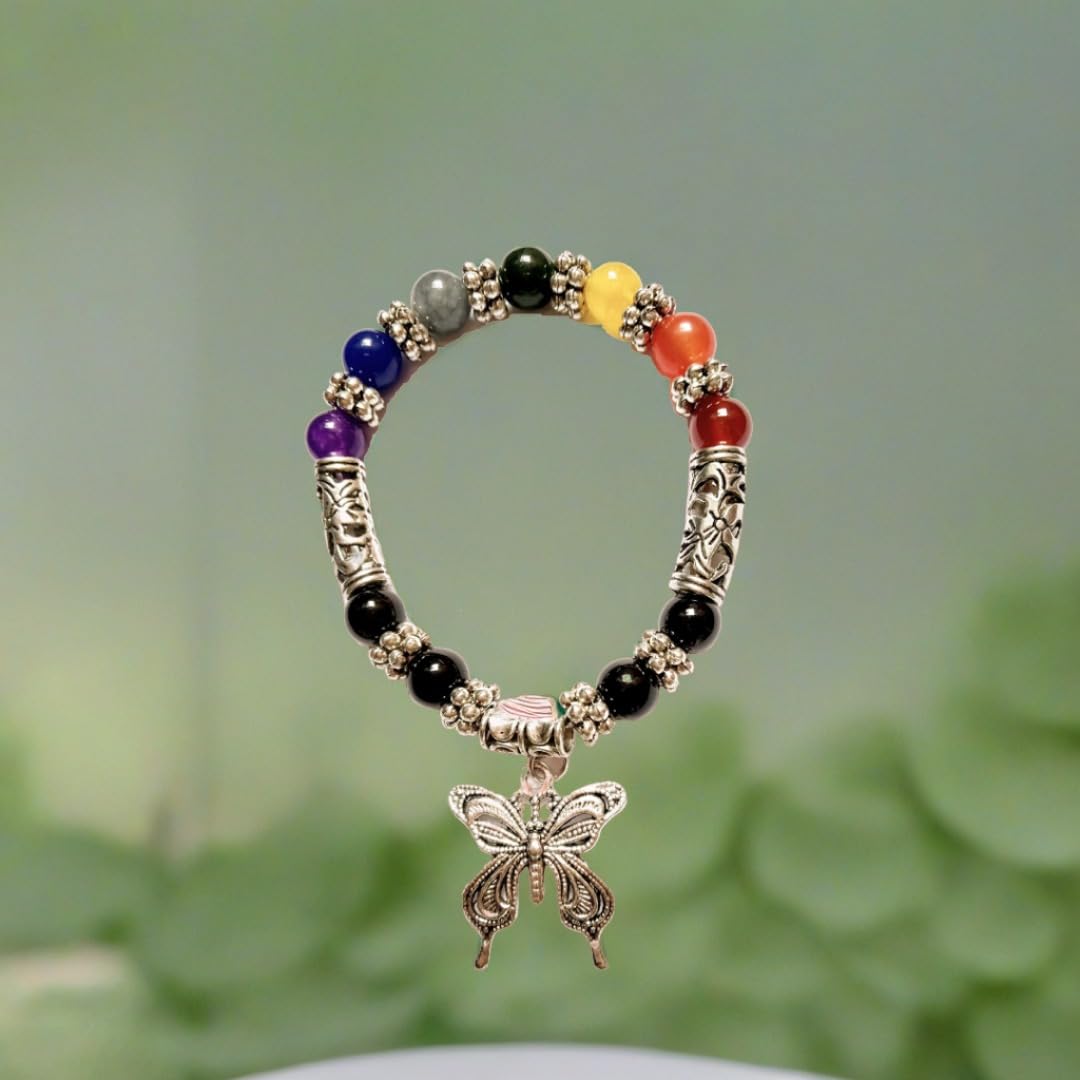 Seven Chakra Healing Agate Stone Beads Bracelet with Butterfly Charm - Spiritual Holistic Gemstone Jewelry for Women | Meditation, Yoga, Energy Balancing & Positive Vibes