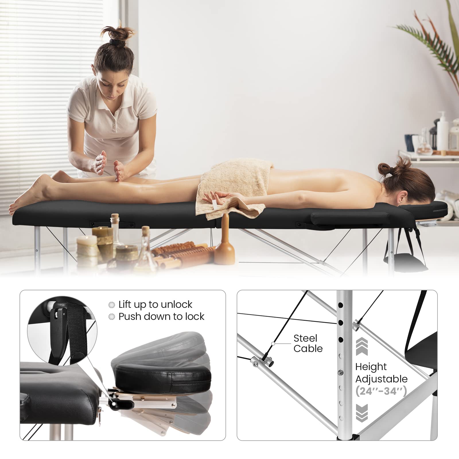 WELLHUT Portable Folding Massage Table - Adjustable Height Spa Bed with Armrests & Headrest for Salon, Lash Extensions, Tattoo & Therapy | Includes Face Cradle & Carrying Bag | Perfect Gift for Women & Professionals | Ideal for Home Use, Mobile Services & Spa Businesses (Black)