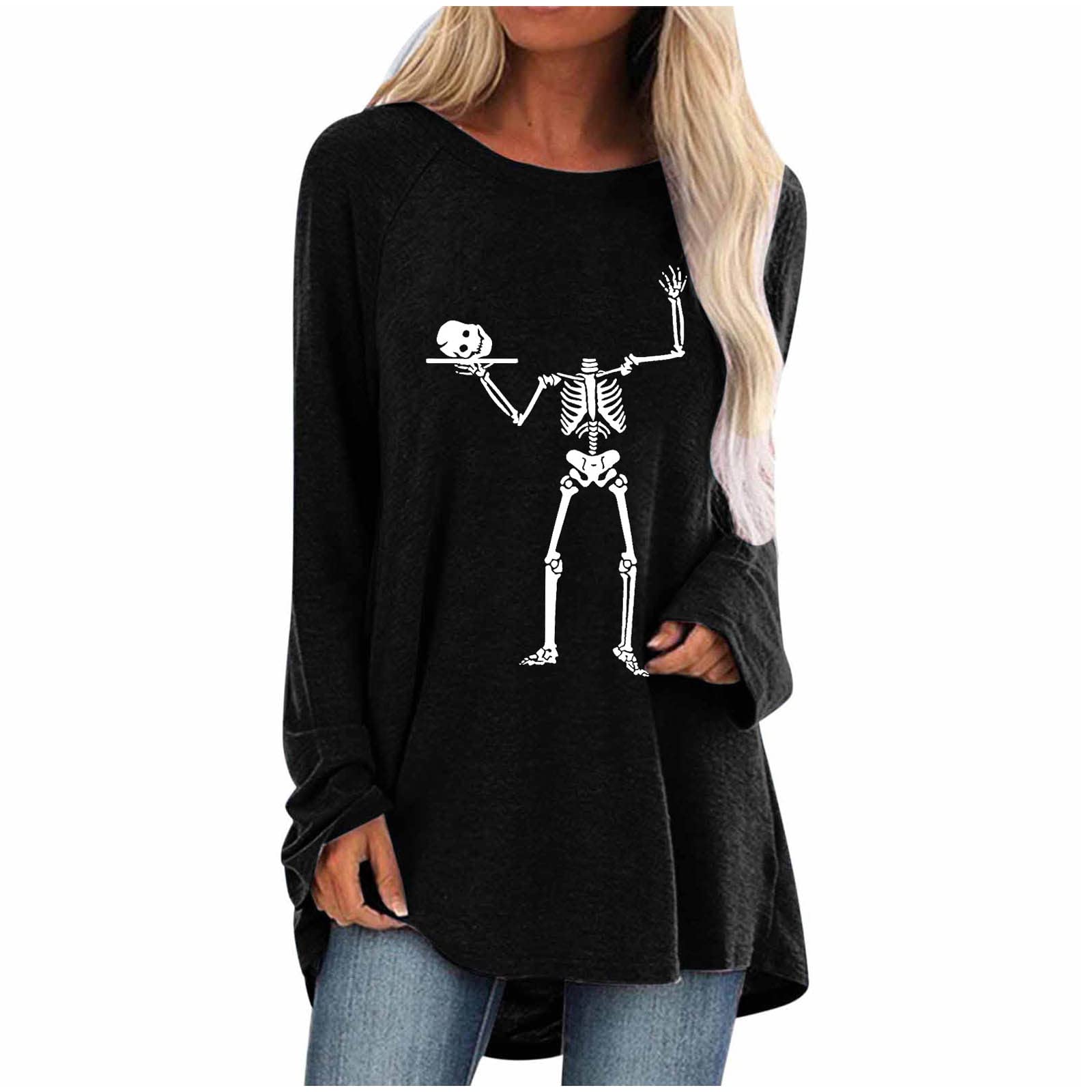 Halloween Tunic Tops for Women - Skull Print Loose Flowy Long Sleeve Blouse | Casual Pullover Shirt to Wear with Leggings | Perfect for Halloween Parties, Costume Events & Fall Outfits