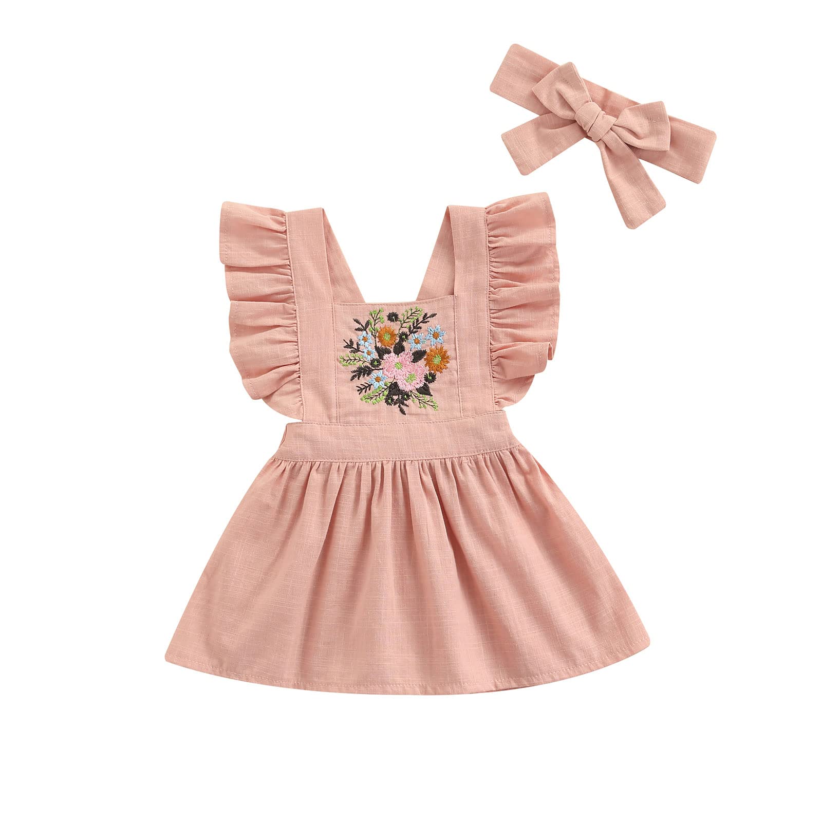 Newborn Baby Girls Summer Floral Ruffle Sleeveless Embroidered Princess Dress with Headband 2Pcs Set - Perfect for Photoshoots, Parties & Special Occasions