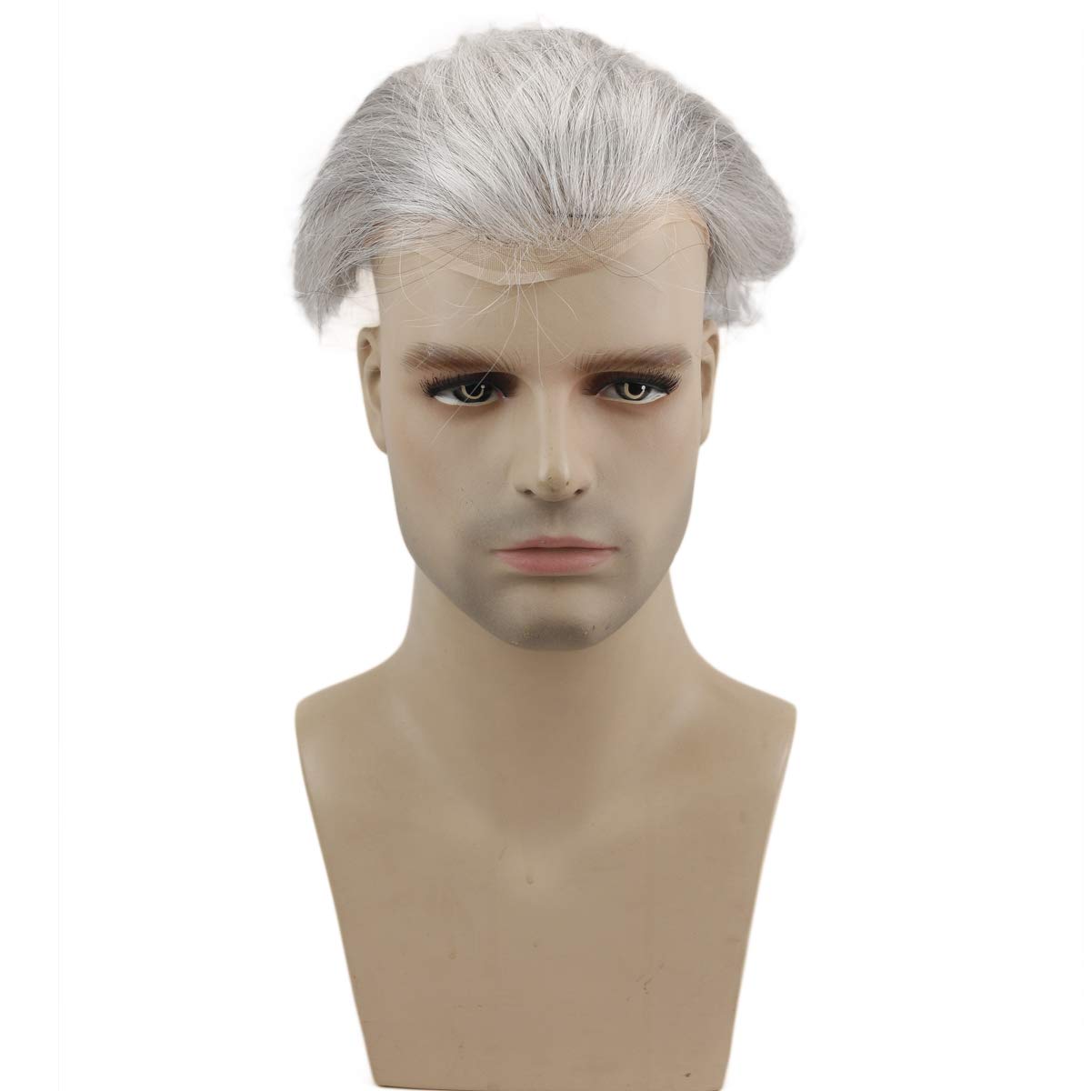 Dreambeauty Men's Toupee 10×8 Inch - European Virgin Human Hair & Synthetic Blend (10% #1B/90% White) - Thin Skin Hair Replacement System with Monofilament Net & PU Base - Natural Look for Baldness & Thinning Hair - Perfect for Daily Wear, Special Occasions & Professional Settings