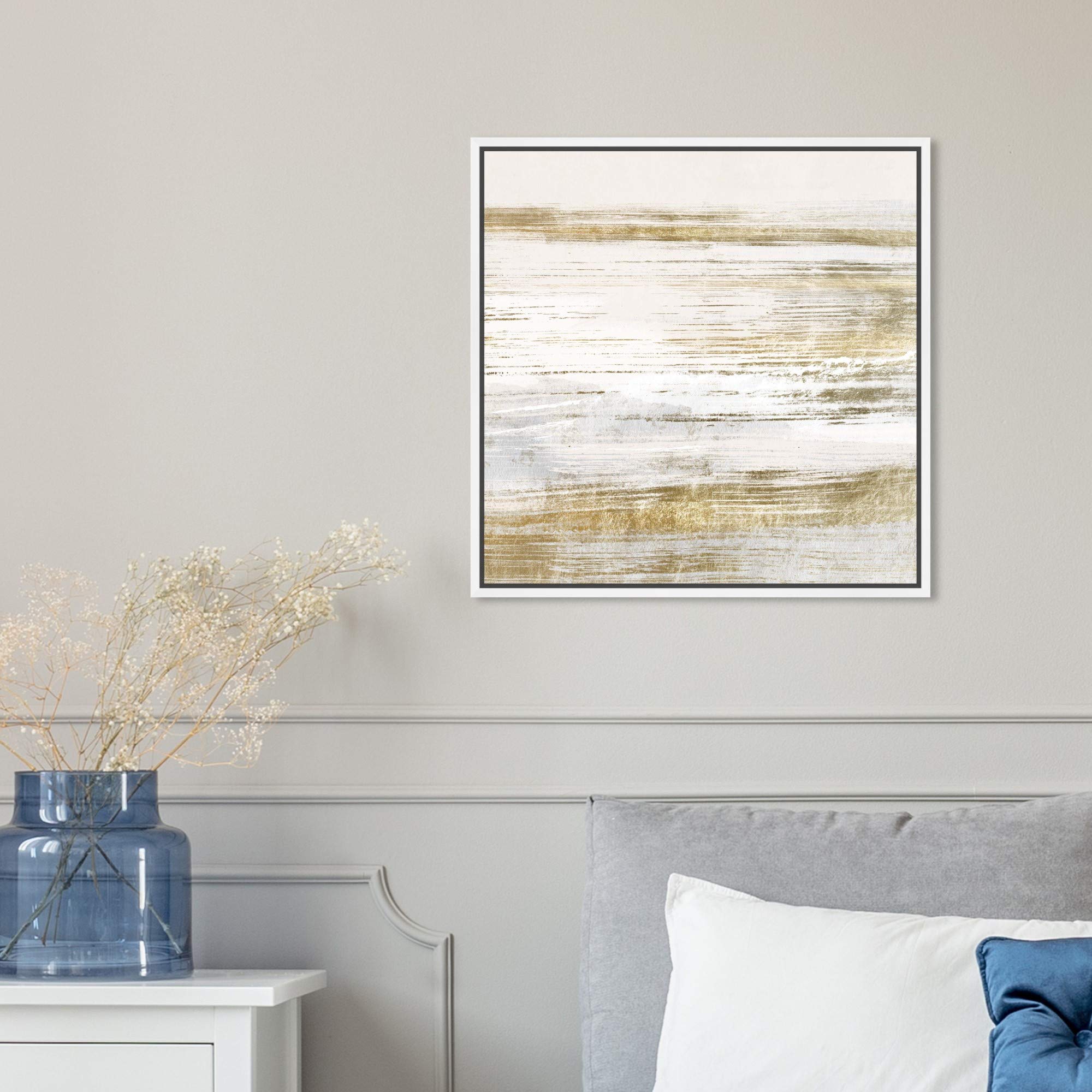 Abstract Wall Art Canvas Print 'Blush Romance Gold' - 16x16 Inch White Framed Home Decor Painting | Modern Living Room, Bedroom & Office Wall Decor