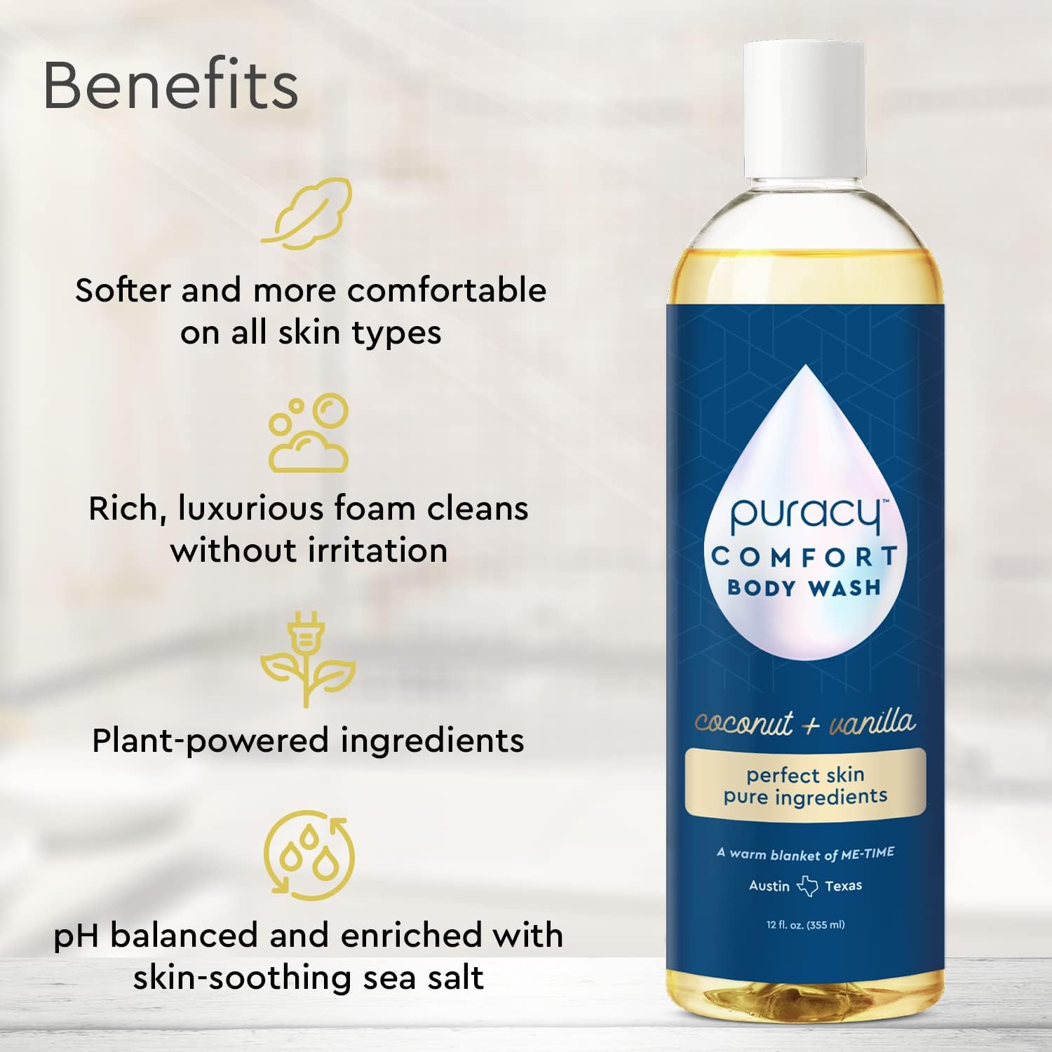 Puracy Natural Body Wash for Women, Men & Kids - 98.6% Pure Plant-Based Moisturizing Shower Gel - Coconut Vanilla Scented (12 Oz) | Gentle Cleansing for Dry & Sensitive Skin - Perfect for Daily Hydration & Relaxing Bath Time