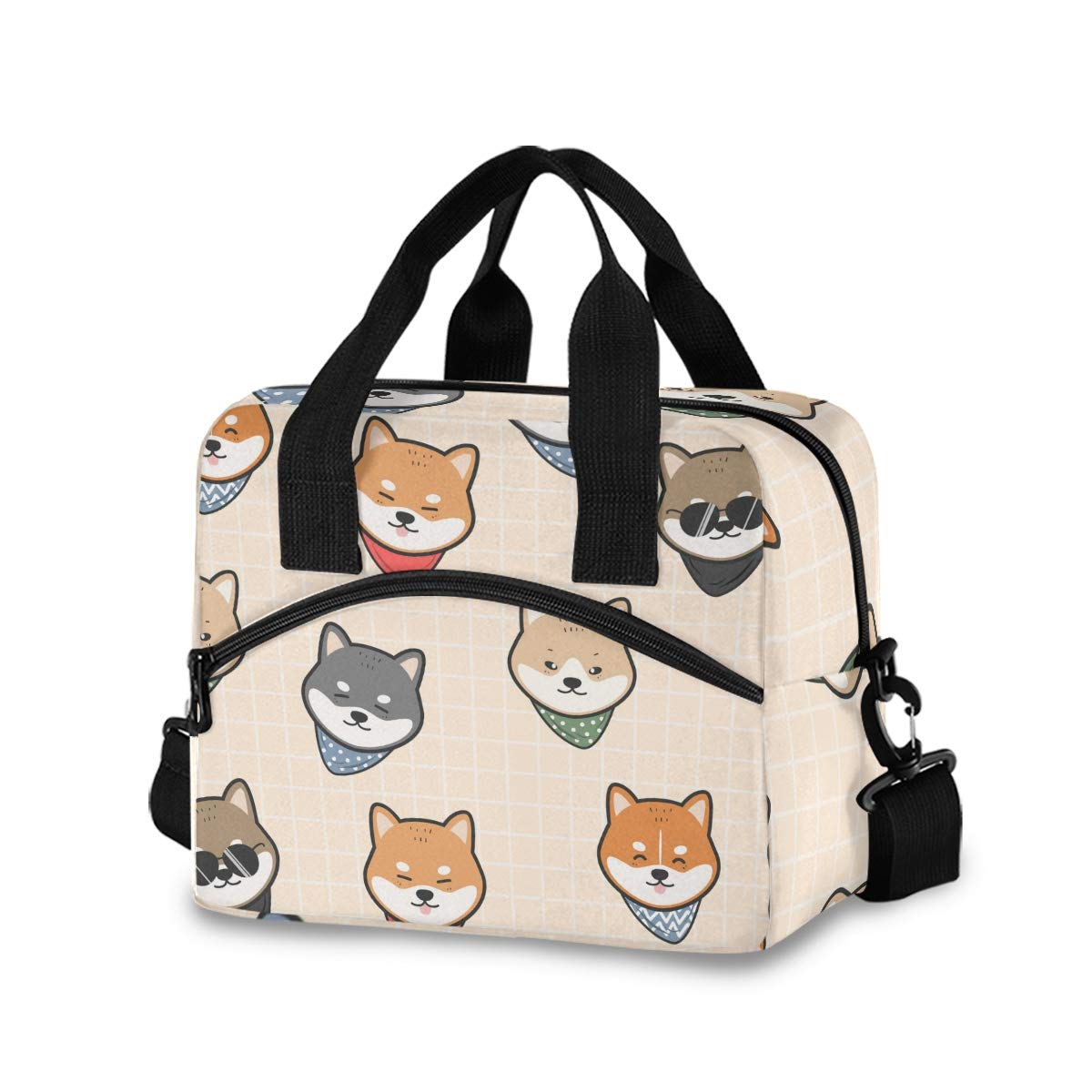 Insulated Japanese Shiba Inu Lunch Bag for Women & Men - Reusable Cooler Tote with Detachable Shoulder Strap & Carry Handle - Perfect for Work, School, Picnic & Outdoor Activities