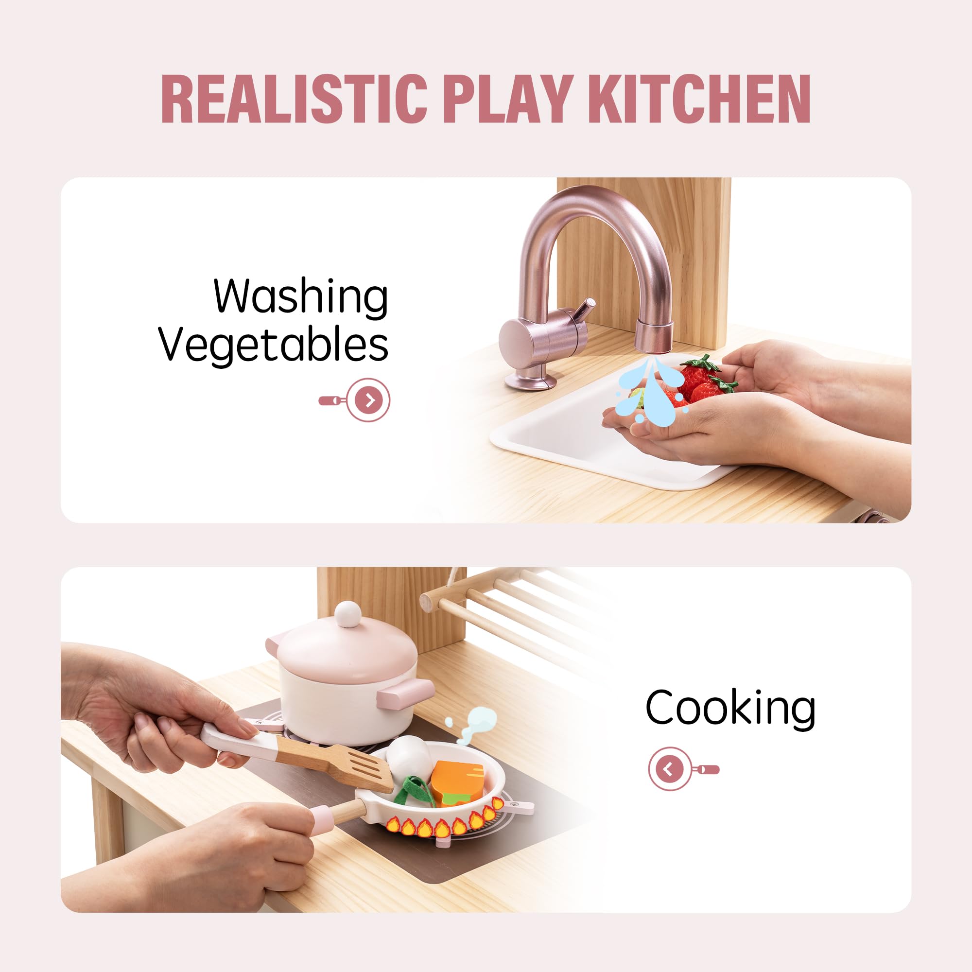ROBUD Wooden Play Kitchen Set for Kids & Toddlers - Realistic Toy Kitchen with Accessories, Modern Design for Pretend Play - Perfect Gift for Boys & Girls Ages 3+ (Pink) | Great for Birthday, Christmas & Indoor Pretend Play Activities