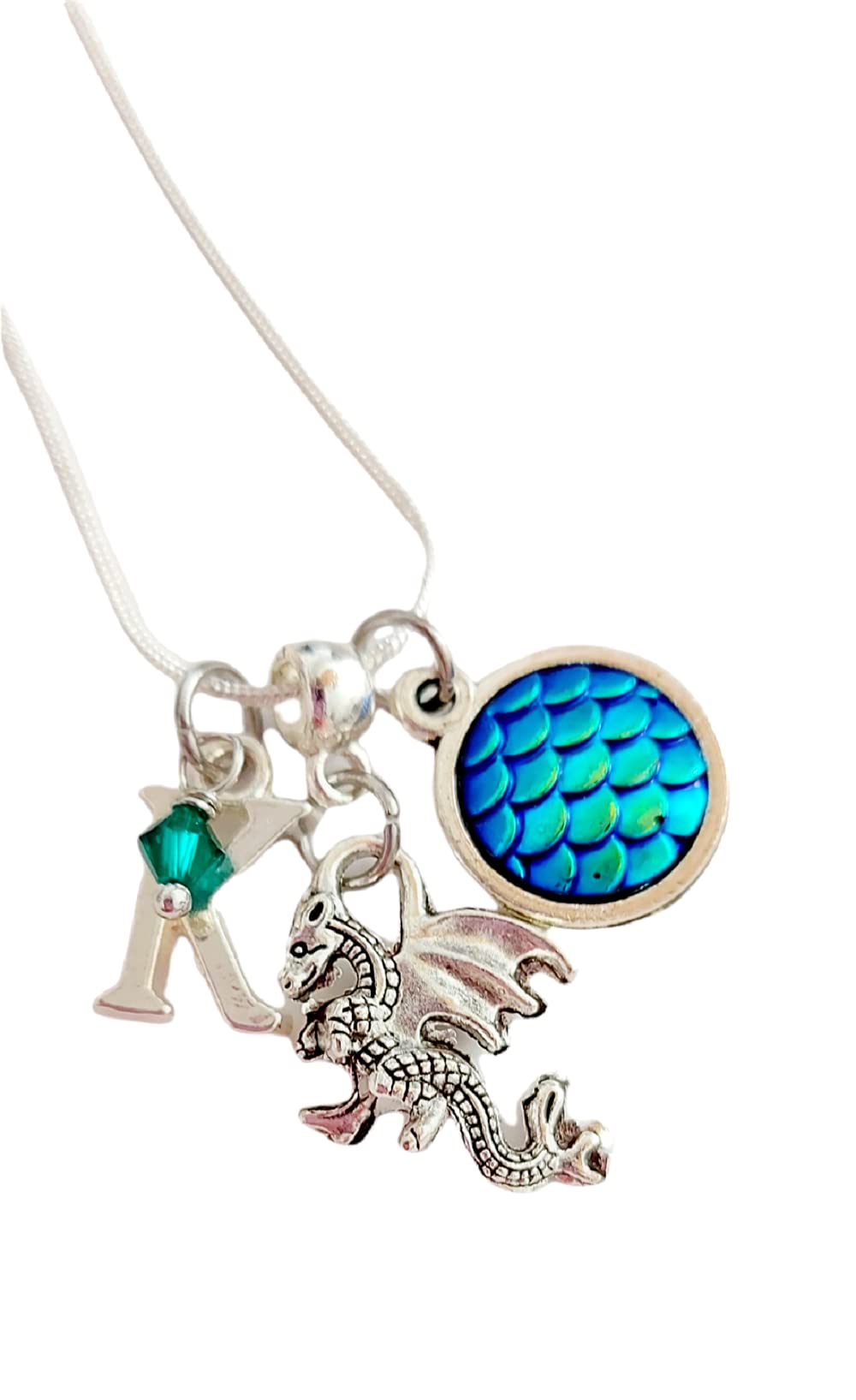 Handmade Mystical Fantasy Dragon Gothic Charm Silver Necklace - Personalized Initial & Colored Dragon Scale Pendant for Cosplay, LARP, Fantasy Costume Jewelry Gift