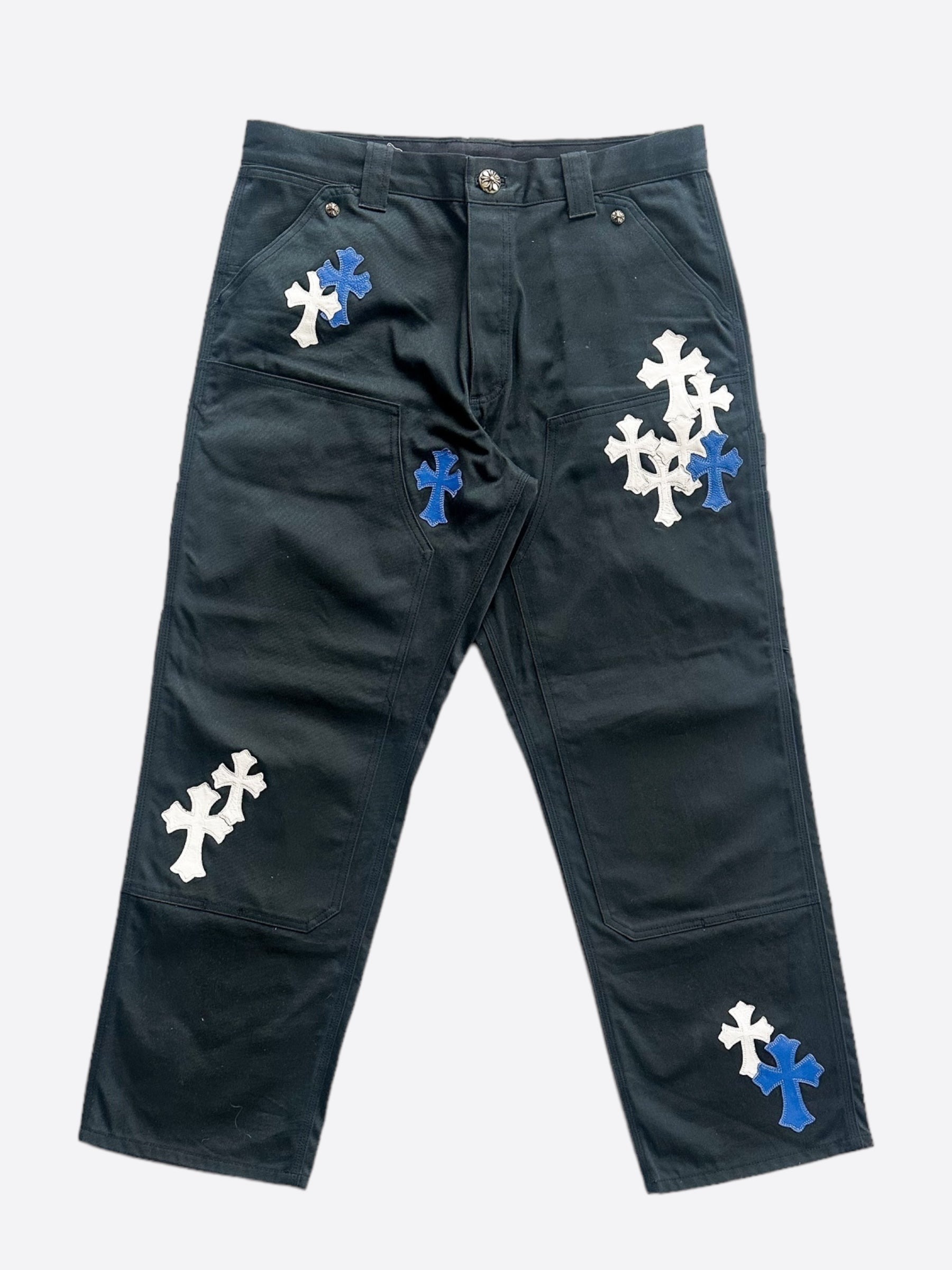 Chrome Hearts Black White & Blue Cross Patch Carpenter Pants - Stylish Distressed Denim Jeans for Men | Perfect for Streetwear & Casual Outfits