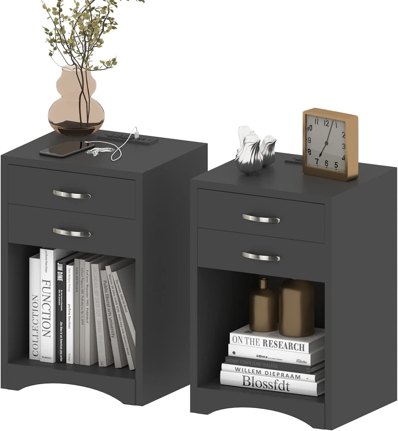 hosote Night Stands for Bedrooms Set of 2 - Black Nightstand with Charging Station, USB Ports & Power Outlets - Bedside Table with Storage Drawers - Perfect for Bedroom, Living Room, or Office Use