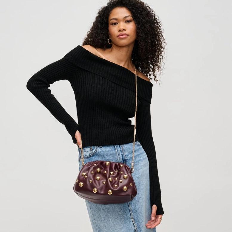 Stylish Carey Studded Clutch Purse for Women - Elegant Wine Red Evening Bag - Perfect for Parties, Weddings & Special Occasions