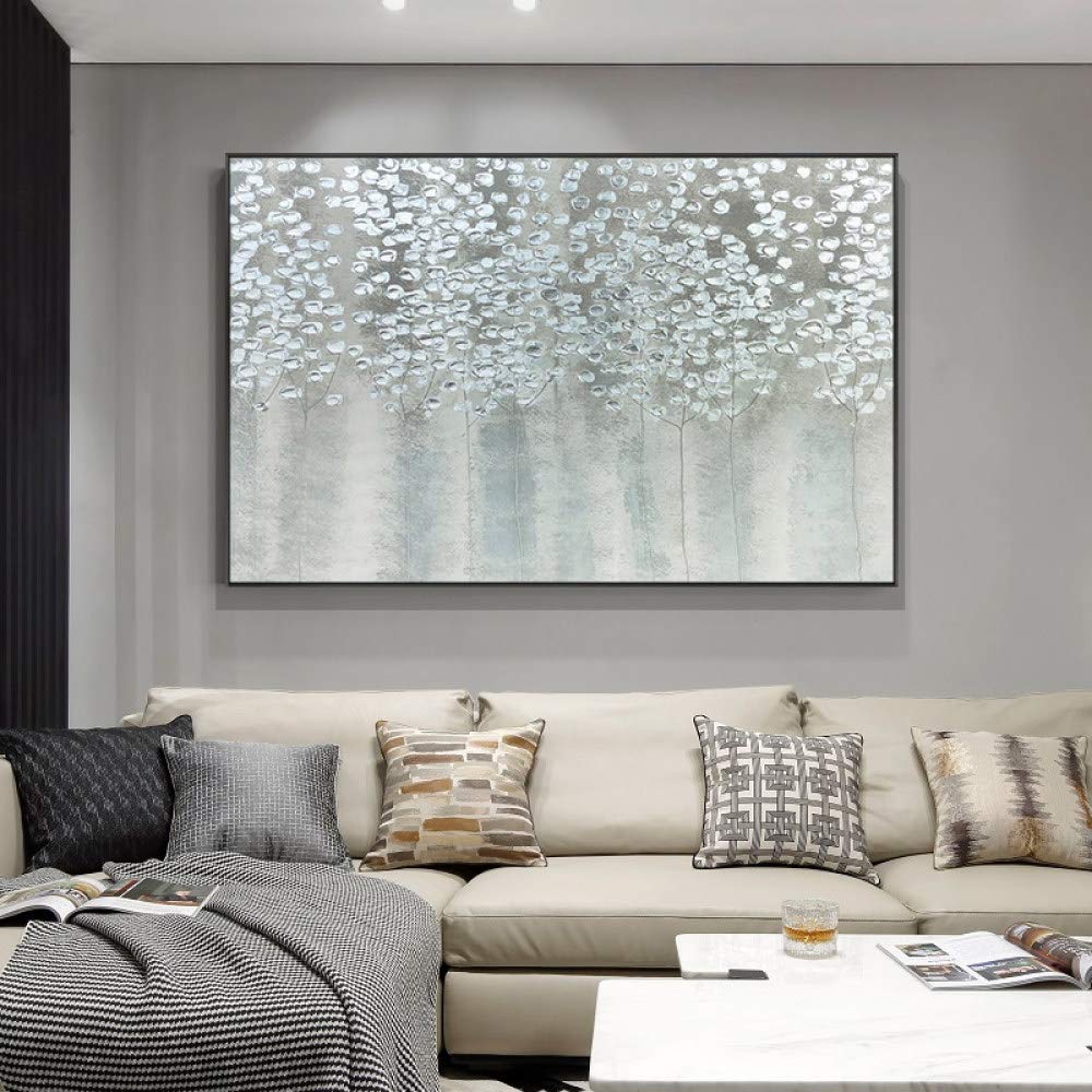 Hand Painted Abstract Oil Painting on Canvas - Silver Leaves & Golden Money Tree Wall Art for Living Room Decor | 36x72 Inch Large Canvas Artwork | Perfect for Home, Office & Gift Giving
