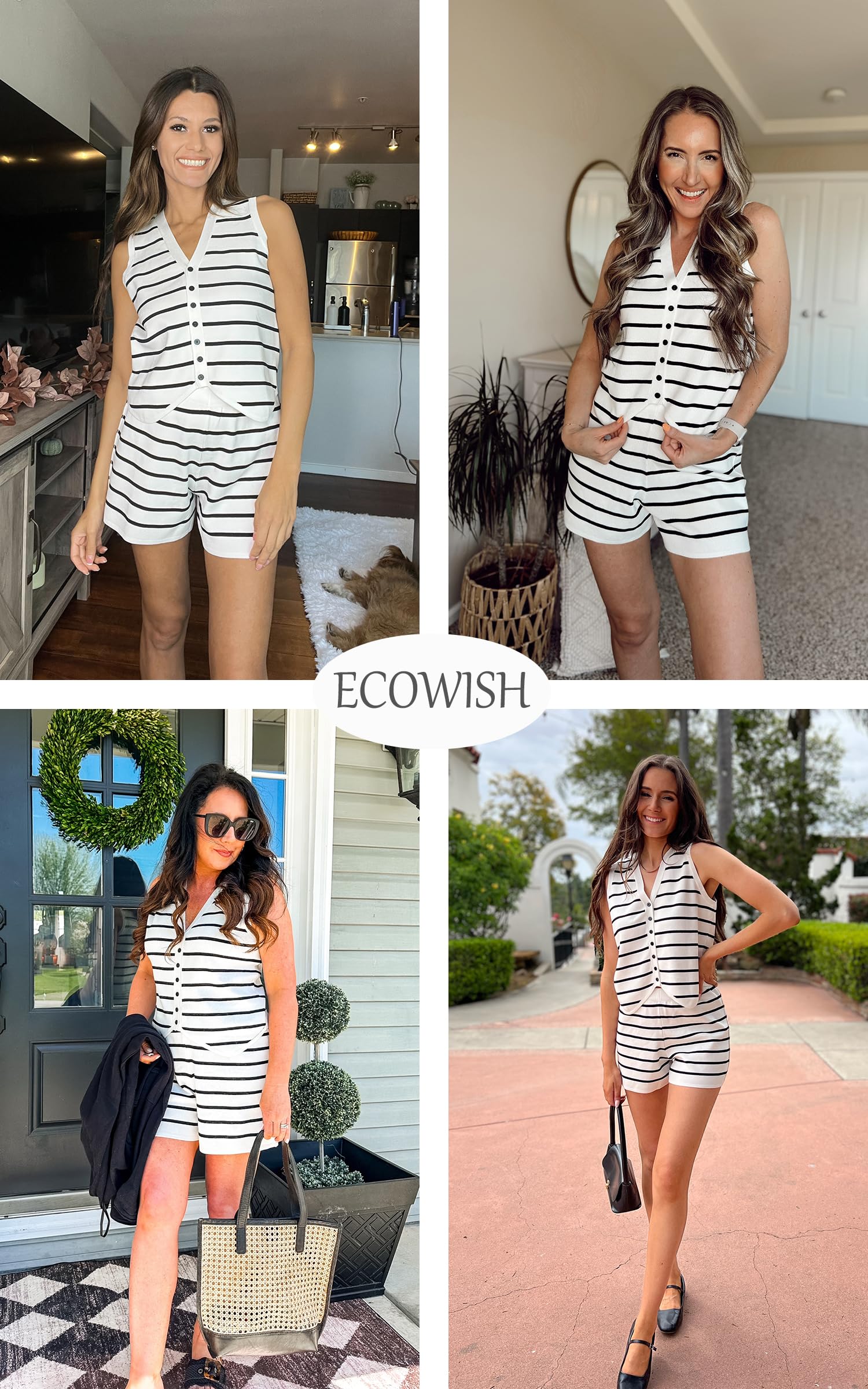 ECOWISH Women's Summer Knit Striped Lounge Set - Sleeveless Button Down Tank Top & Shorts Pajamas | Comfortable Two Piece Outfits for Home, Travel & Sleepwear