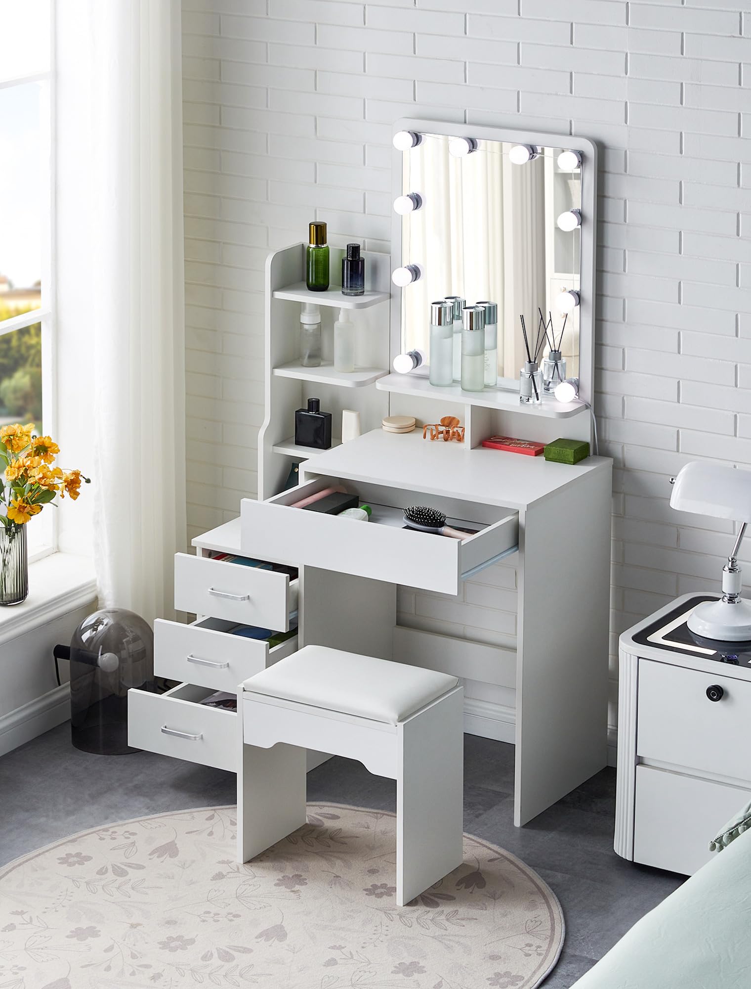 TUKAILAi LED Lighted Makeup Vanity Desk with Mirror & Stool - Modern White Dressing Table (87x40x144cm) with 4 Large Drawers & 4 Shelves - Perfect for Bedroom, Dorm Room & Beauty Salon Makeup Station