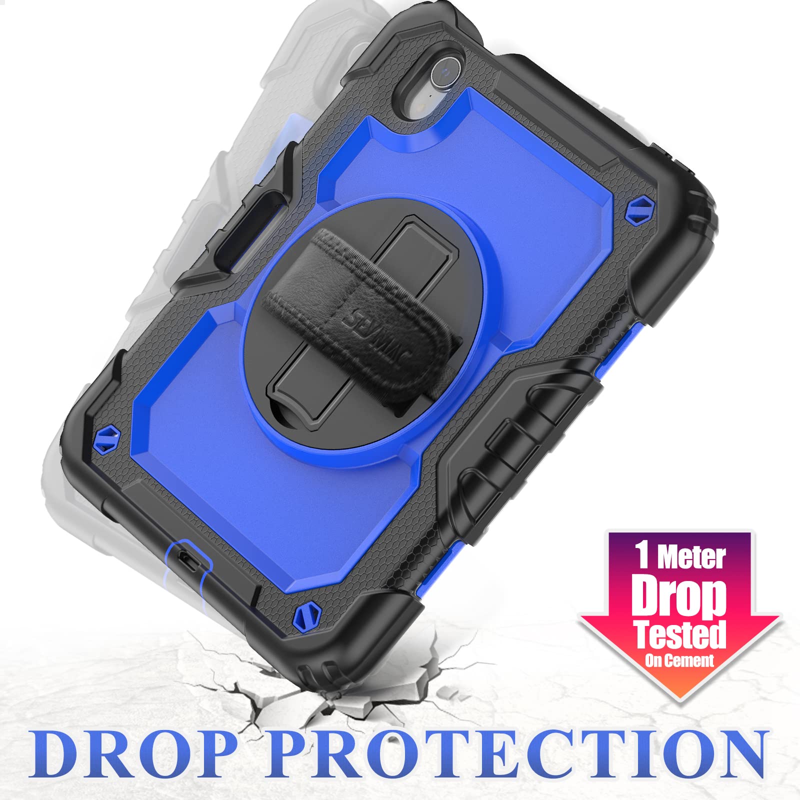 SEYMAC 360 Rotating Stand Case with Screen Protector & Pencil Holder for iPad Mini 7 (2024, A17 Pro) & iPad Mini 6 (8.3 Inch) - Shockproof Protective Cover with Hand Strap (Blue & Black) - Perfect for Work, Travel, and Entertainment
