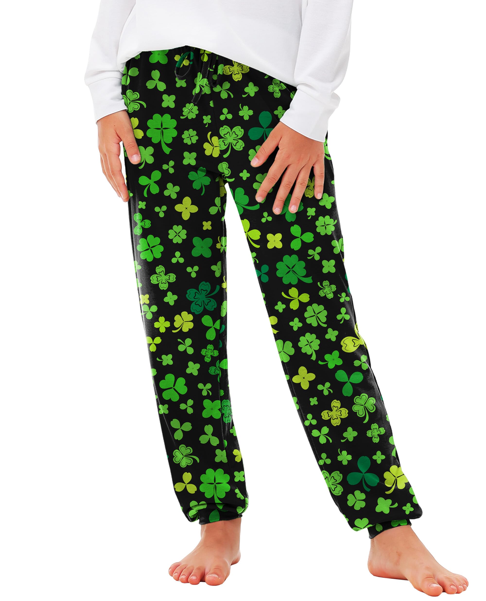 Deerose St. Patrick's Day Green Sweatpants for Kids - Elastic Waistband with Drawstring & Pockets (Ages 5-14) - Perfect for School, Parties & Holiday Celebrations