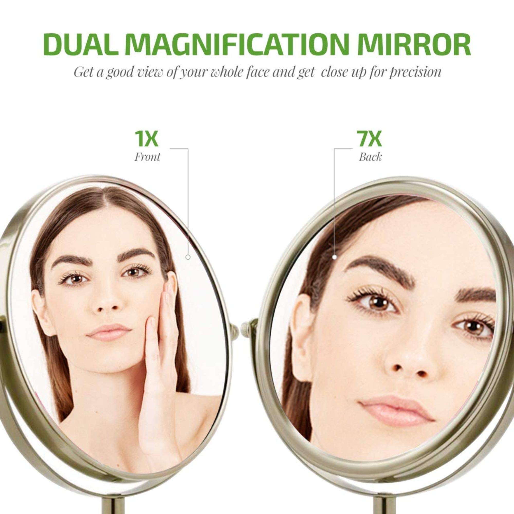 OVENTE 7-Inch Double-Sided Vanity Mirror with 1X/7X Magnification - 360° Swivel Stand, Brushed Nickel Finish - Perfect for Makeup, Skincare & Grooming on Dresser, Bedroom Vanity or Office Desk