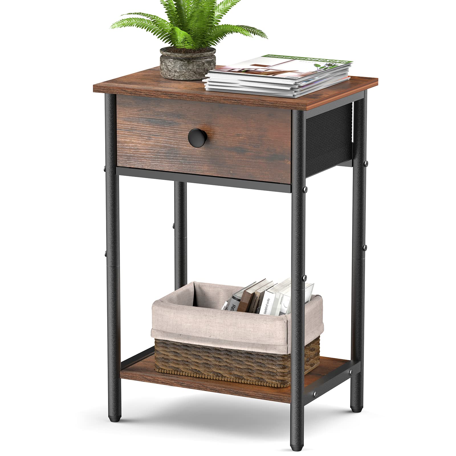 Compact Nightstand with Drawers & Shelf - Rustic Bedside Table for Bedroom, Living Room, Office