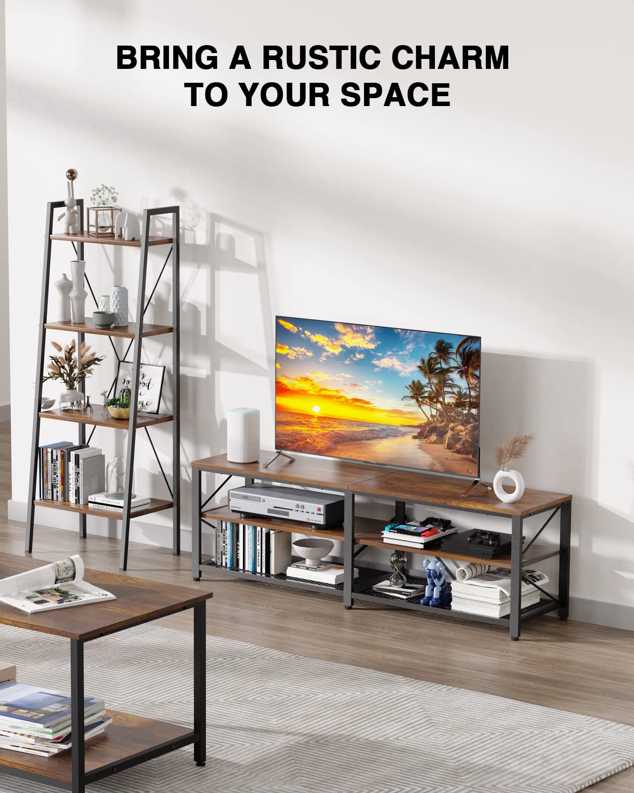 NOBLEWELL 63 Inch Rustic Brown TV Stand - 3-Tier Wood Entertainment Center with Storage, Media Console Table for Living Room - Perfect for Flat Screen TVs, Gaming Consoles & Home Theater Setup
