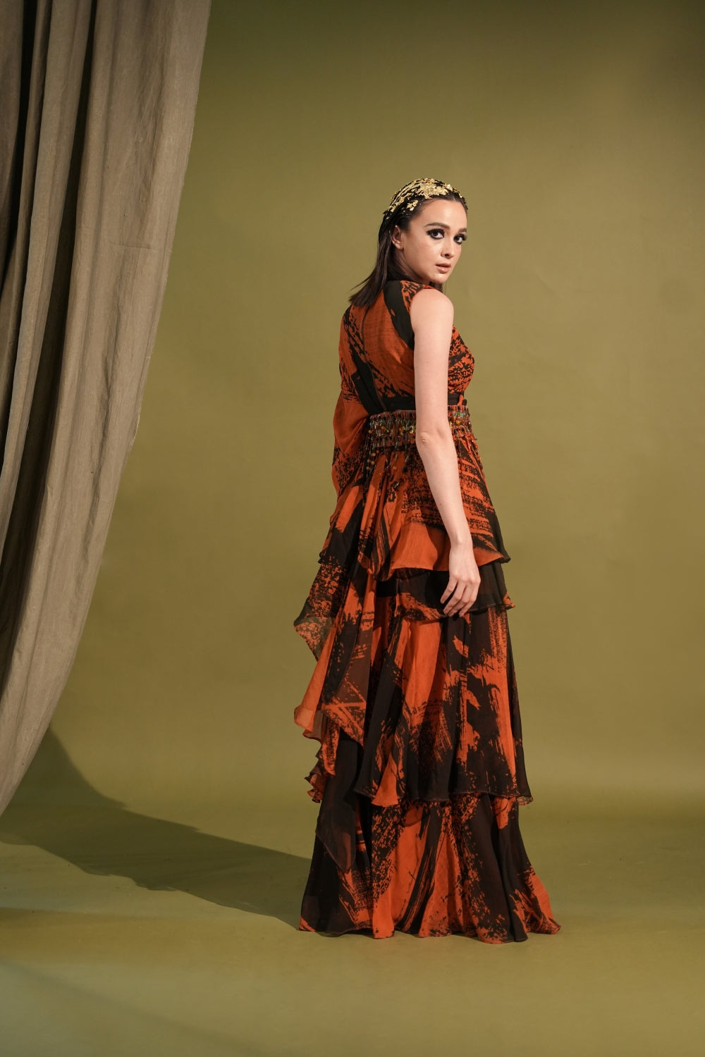 Orange & Black Printed Saree Blouse with Belt Set - Elegant Indian Ethnic Wear for Weddings & Festivals