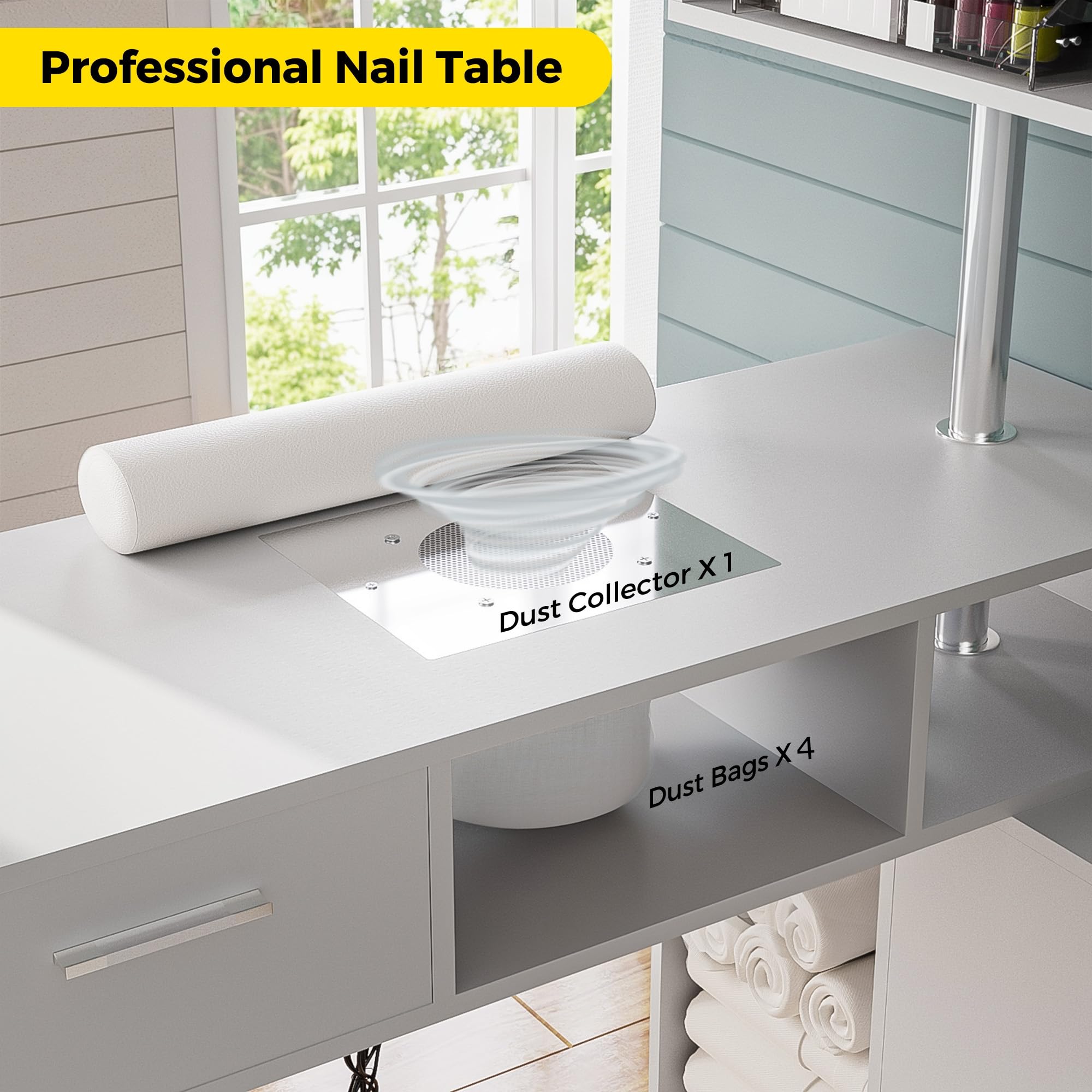 Professional L-Shaped Manicure Table with Built-in Dust Collector, Rotating Reversible Nail Tech Desk with Stool, 2-Way Drawers & Storage Shelves - Mobile Manicure Workstation on Wheels (White) - Perfect for Nail Salons, Home Studios & Professional Nail Technicians