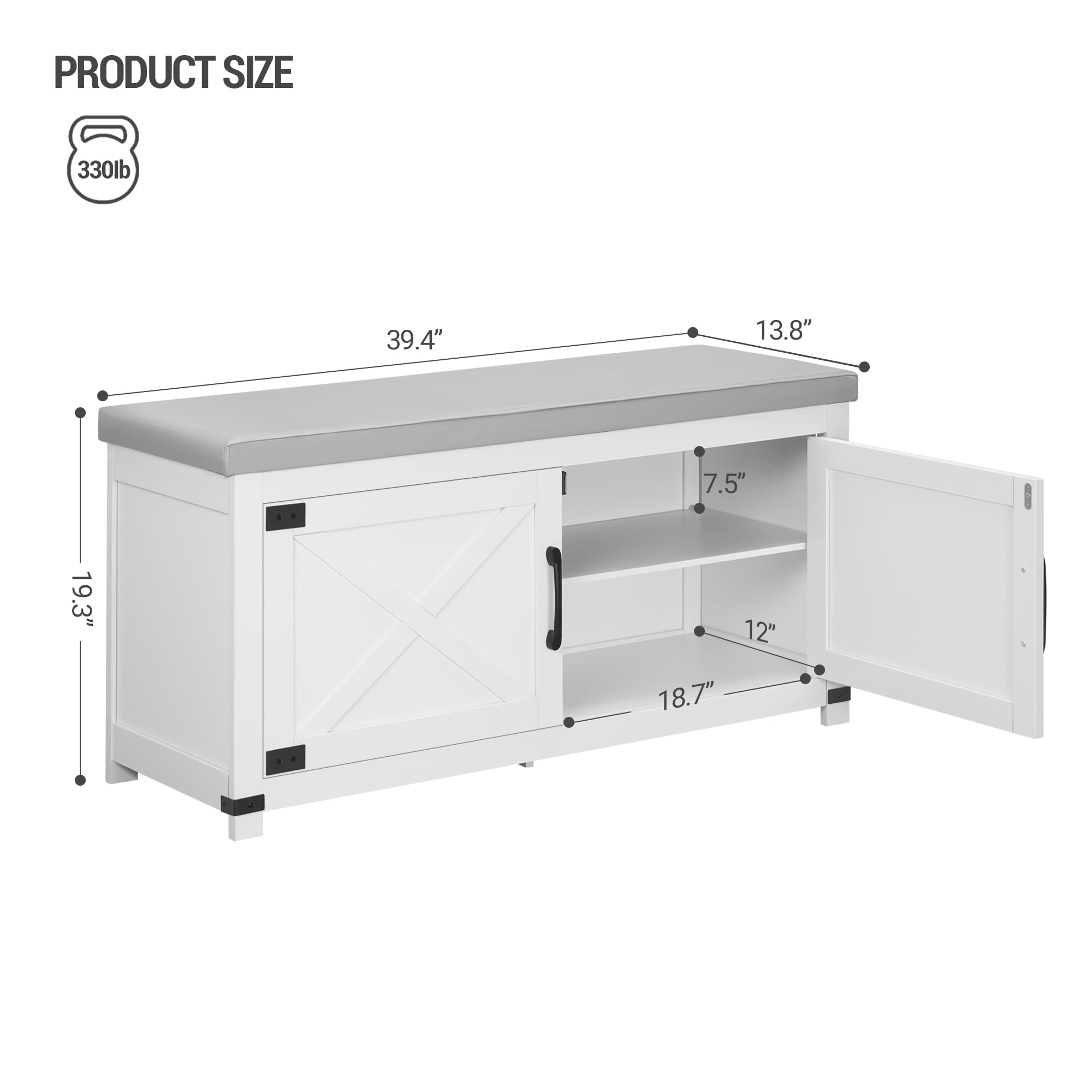 Farmhouse Shoe Storage Bench with Padded Seat - 2 Tier Entryway Shoe Cabinet with Adjustable Shelf & Barn Doors - White Shoe Organizer for Living Room, Bedroom, Hallway - Perfect for Small Spaces & Home Decor (SB26603GY)