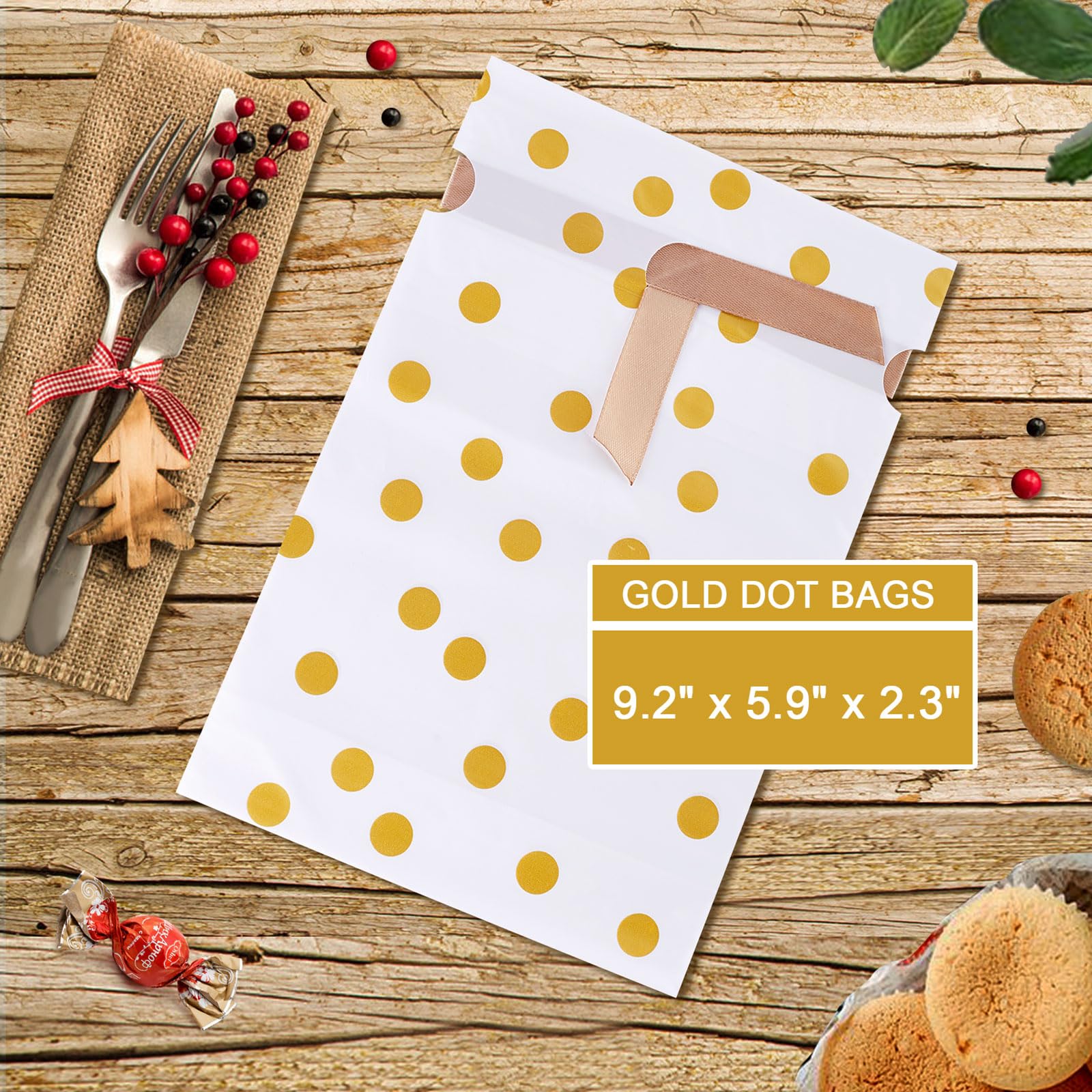50 Pcs Gold Dot Plastic Drawstring Gift Bags for Candy, Cookies & Party Favors - Treat Bags for Birthday, Wedding, Baby Shower & Holiday Celebrations - Perfect for Snack Wrapping, Gift Giving & Party Decorations