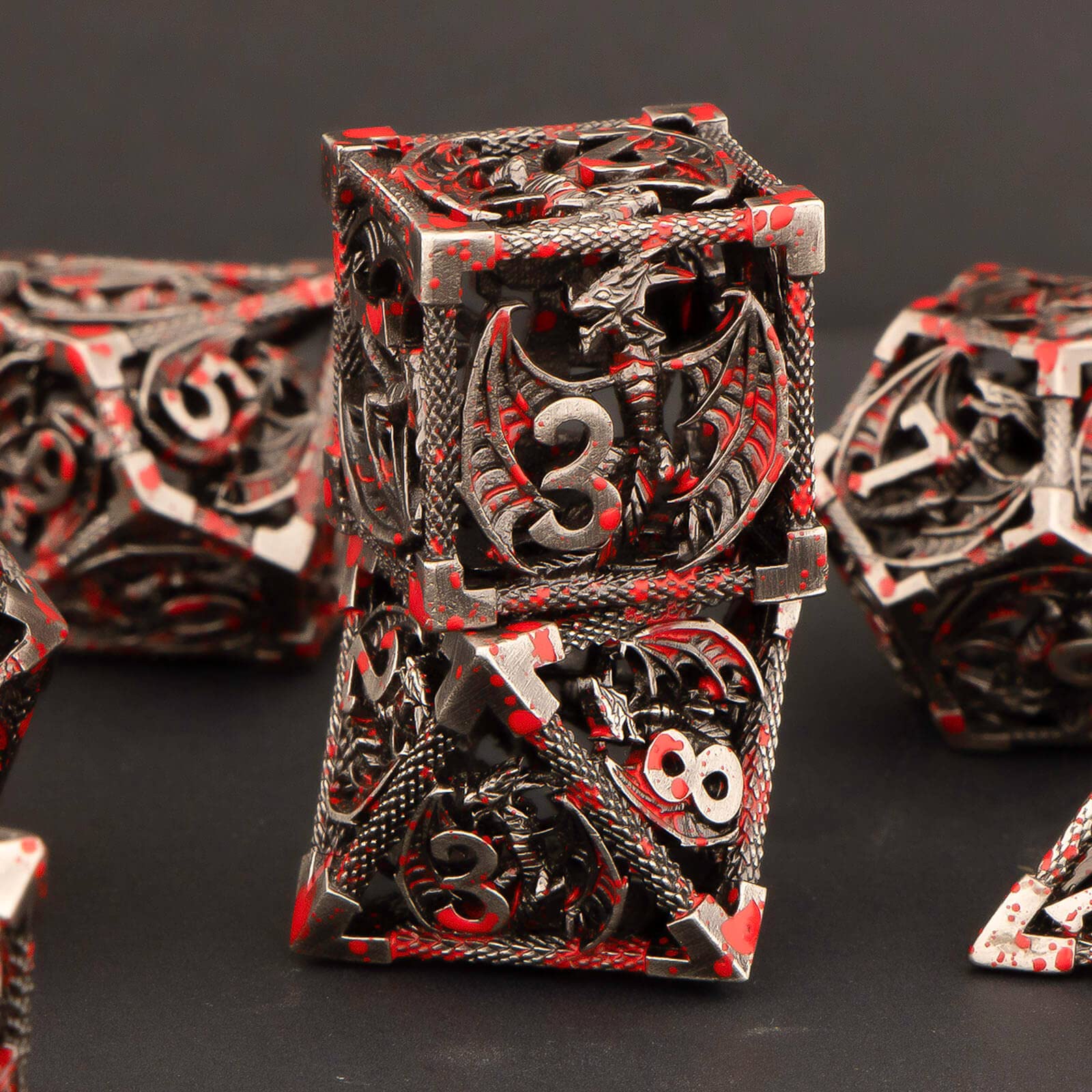 KERWELLSI Hollow Metal DND Dice Set - 7pcs Polyhedral RPG Dice for Dungeons & Dragons (D20, D12, D10, D8, D6, D4) with Gift Box - Perfect for Tabletop Role-Playing Games, D&D Campaigns & Fantasy Board Games (Blood Red)