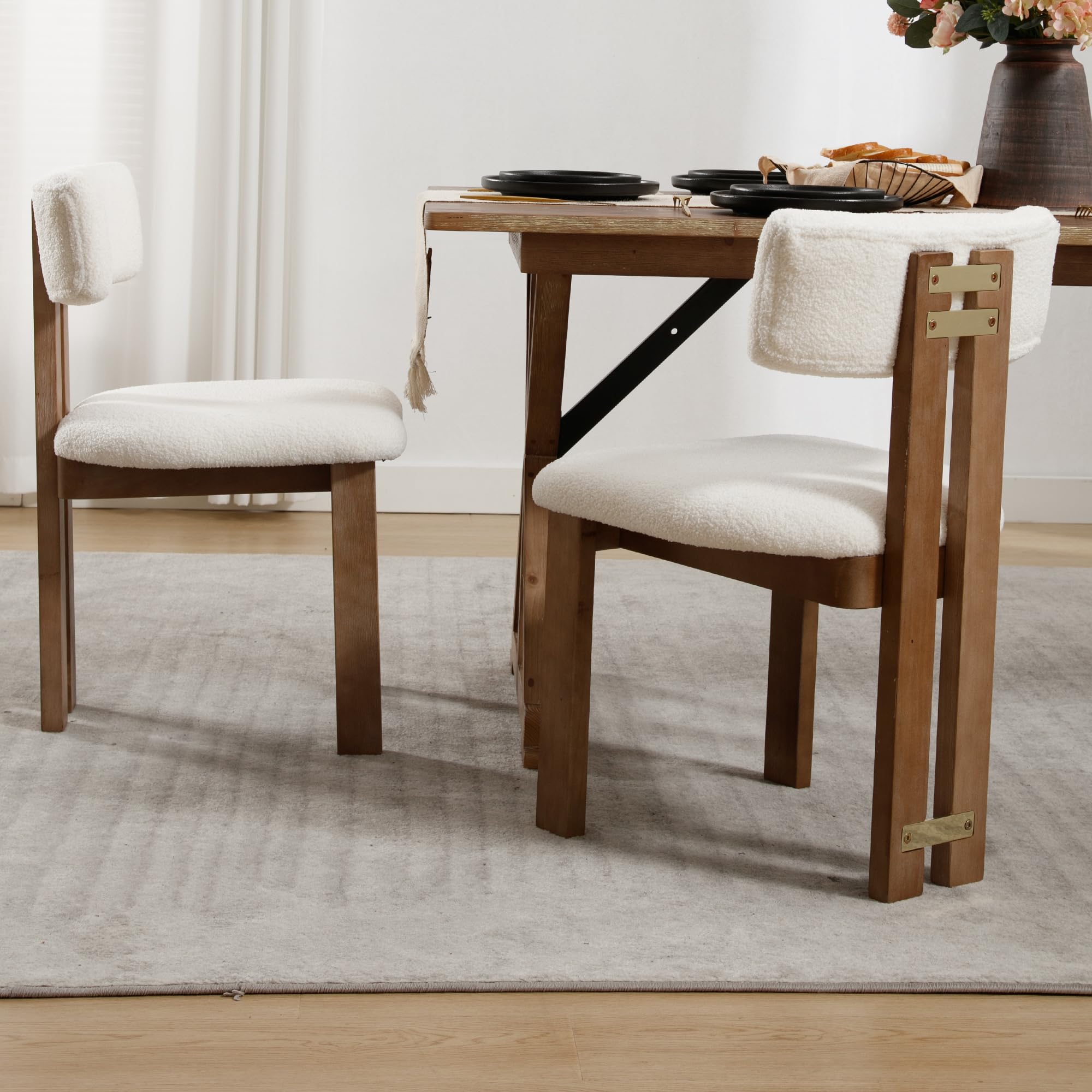 Boucle Dining Chairs Set of 2 - Farmhouse Fabric Kitchen Chairs with Natural Hardwood Legs, Armless Upholstered Accent Chairs for Dining Room, Living Room & Office - White Modern Home Decor