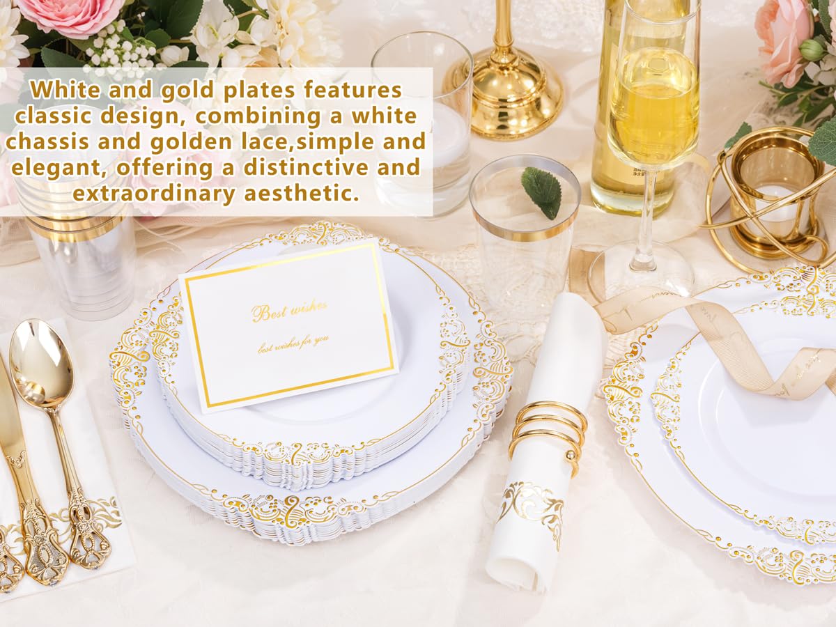 YOUBET 700-Piece Gold Plastic Dinnerware Set - Elegant White & Gold Disposable Plates (200 Plates, 300 Heavy Duty Forks/Spoons/Knives, 100 Cups & 100 Napkins) - Perfect for Weddings, Parties, Bridal Showers & Large Gatherings of 100+ Guests