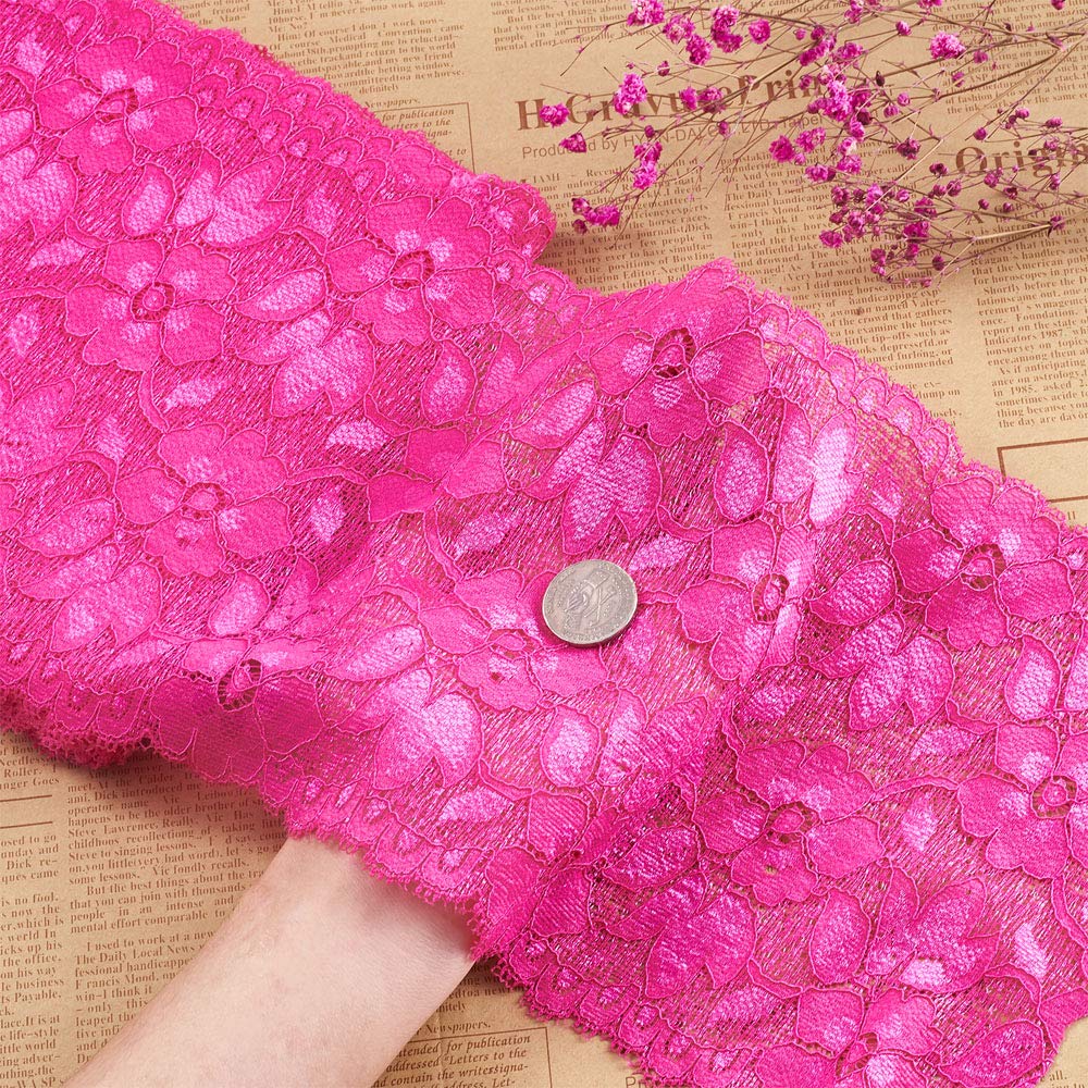 10 Yards Stretch Elastic Lace Trim - Hot Pink Floral Tulle Embroidered Ribbon (6.3 Inch/16cm Wide) for DIY Crafts, Jewelry Making, Sewing, Gift Wrapping, Wedding & Party Decorations - Perfect for Dresses, Headbands, Scrapbooking and Home Decor