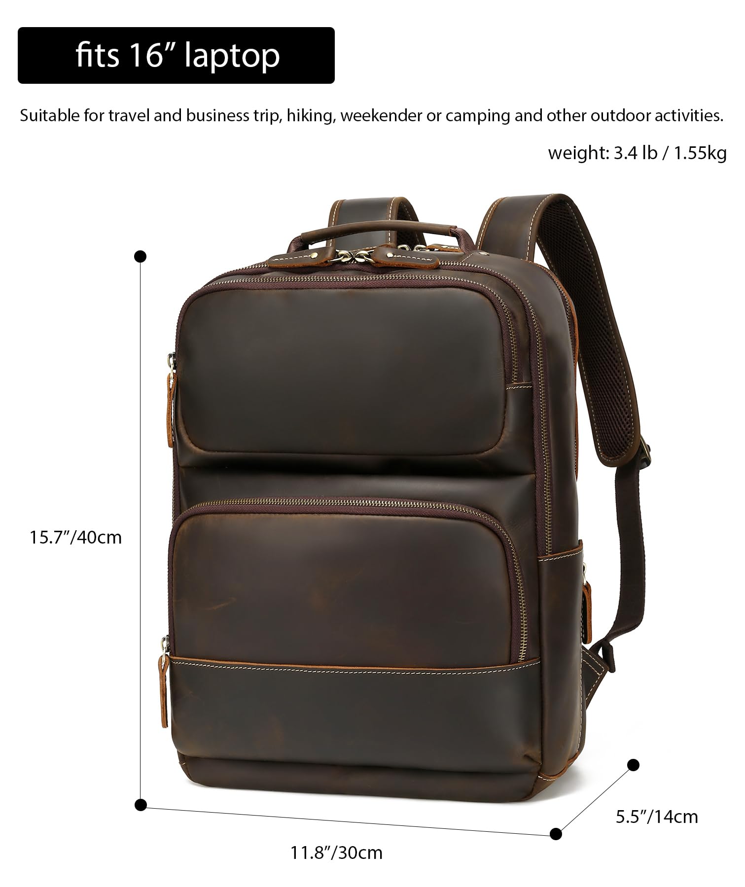 Vintage Genuine Leather Backpack for Men - 15.6 Inch Laptop Backpack, Durable Travel Rucksack for Camping, Hiking & Business Use