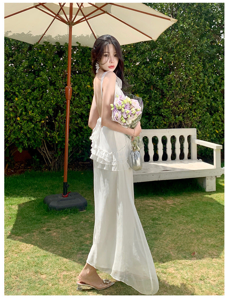 French Summer Open Back Dress - Elegant Fairy White Maxi Dress for Women | Perfect for Beach Vacations, Weddings & Date Nights
