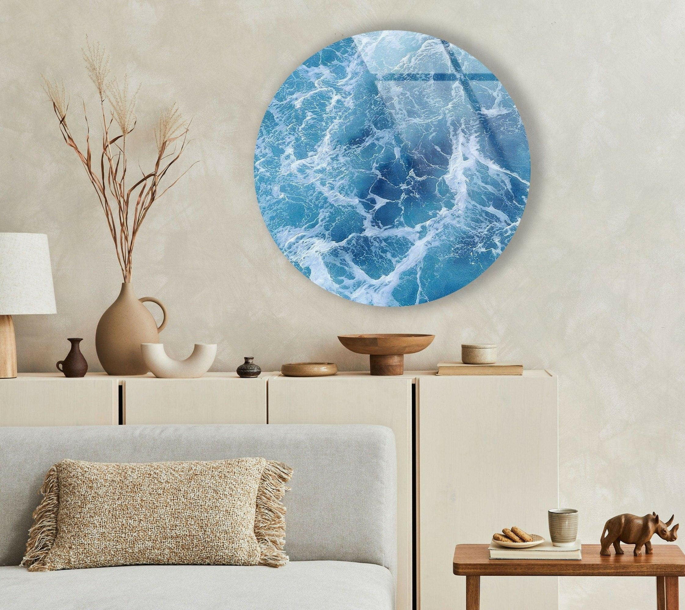 Blue Ocean Waves Round Glass Wall Art - Coastal Decor for Living Room, Bedroom & Office - Handmade Seascape Mural for Home & Office Decor
