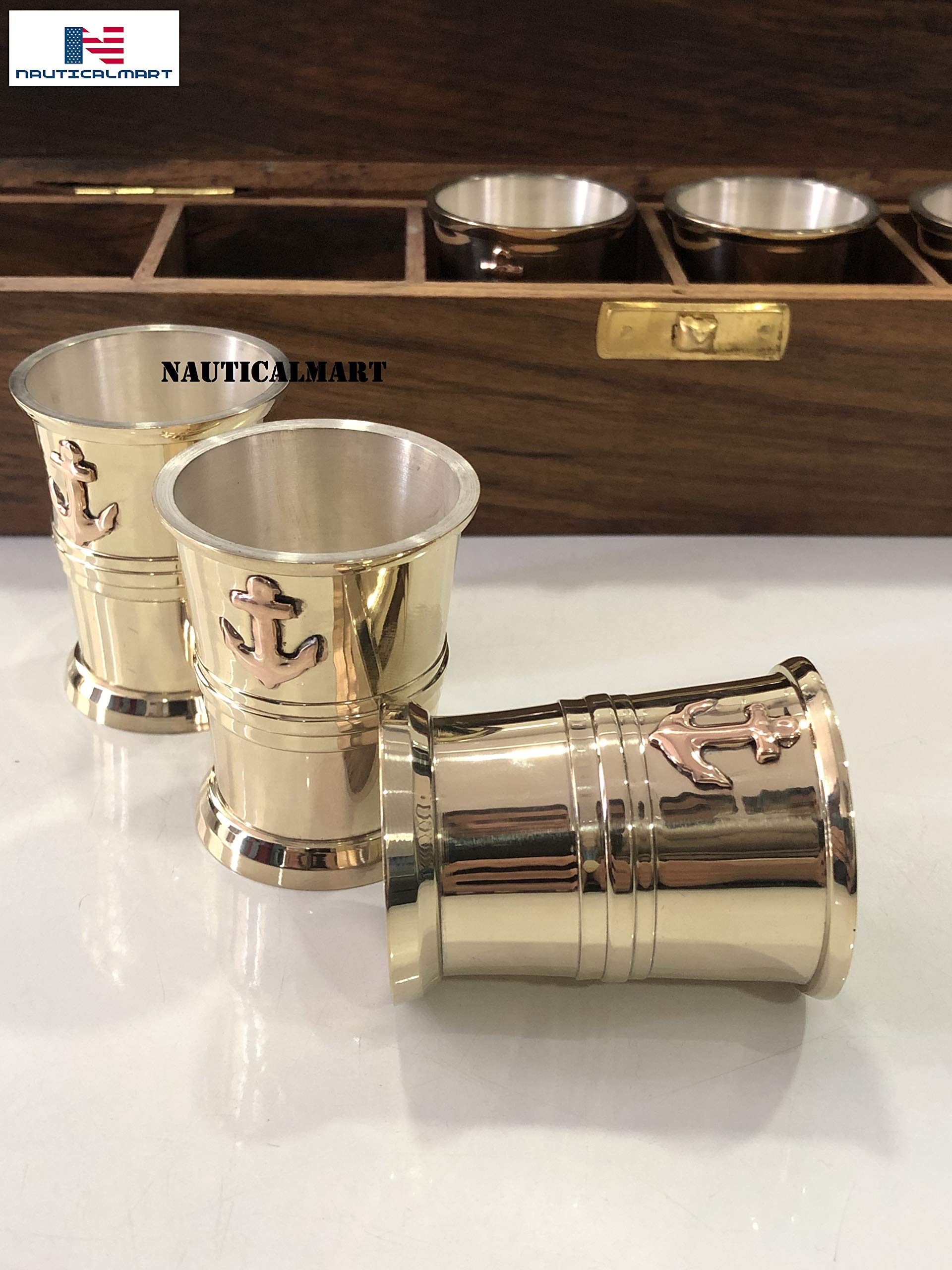 Premium Brass Tequila Shot Glasses Set of 6 with Anchor Engraving - Handcrafted Wooden Gift Box - Perfect for Nautical Themed Parties, Bachelor Celebrations & Home Bar Decor