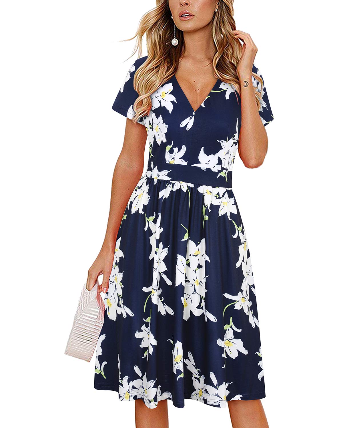 ULTRANICE Women's Casual V-Neck Swing Midi Dress with Pockets - Flowy Summer Dress for Beach, Office & Date Night