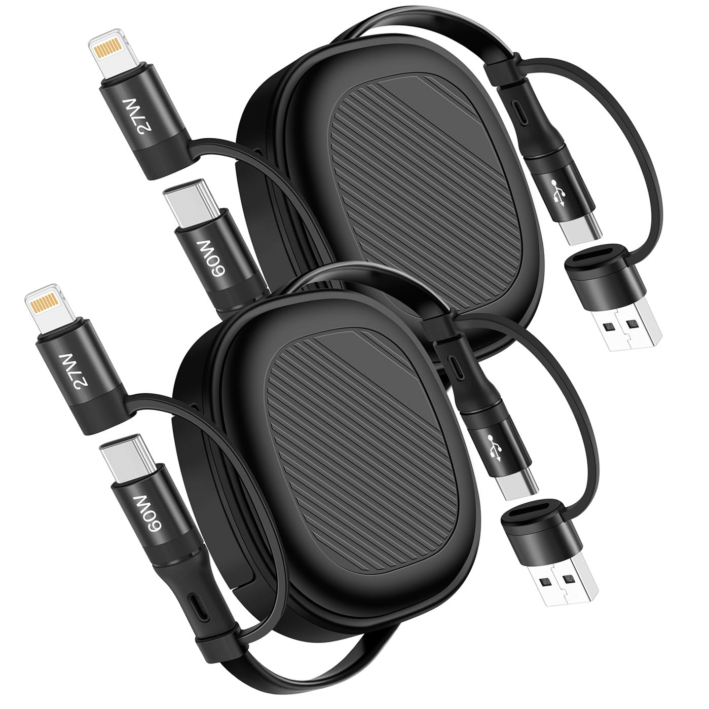 5-in-1 Retractable Fast Charging Cable for iPhone 16/15/14/13, iPad, Samsung S24/S23 & More - 60W Multi Charger with USB-A/C to C/L Ports (2 Pack, 3.8Ft) - Perfect for Travel, Home & Office Use