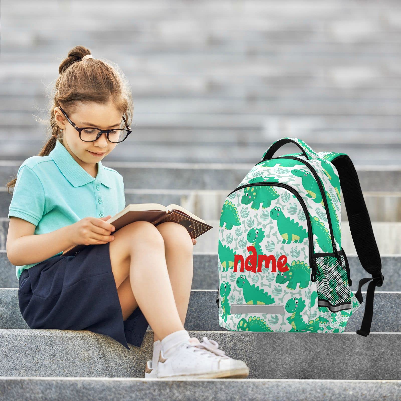Custom Personalized Green Dinosaur Footprint Backpack - 16 Inch Laptop Bag with Double Zipper, Casual Daypack for School, Travel & Sports | Dino Bones Design Durable Backpack for Kids & Adults
