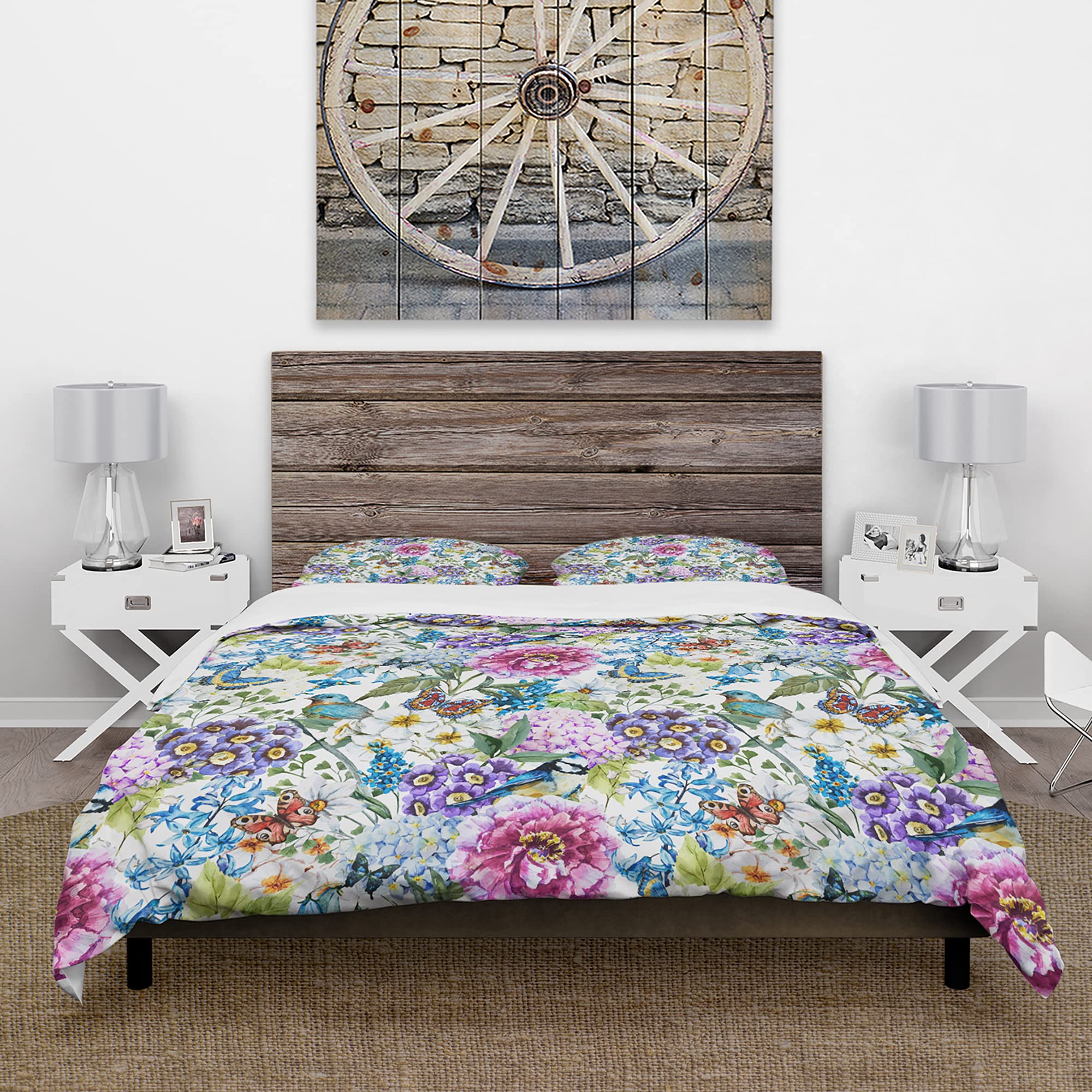 DesignQ Blue Bird & Purple Floral Duvet Cover Set - Queen Size Bedding with Matching Pillowcases, Soft & Breathable Cotton for Cozy Bedroom Decor