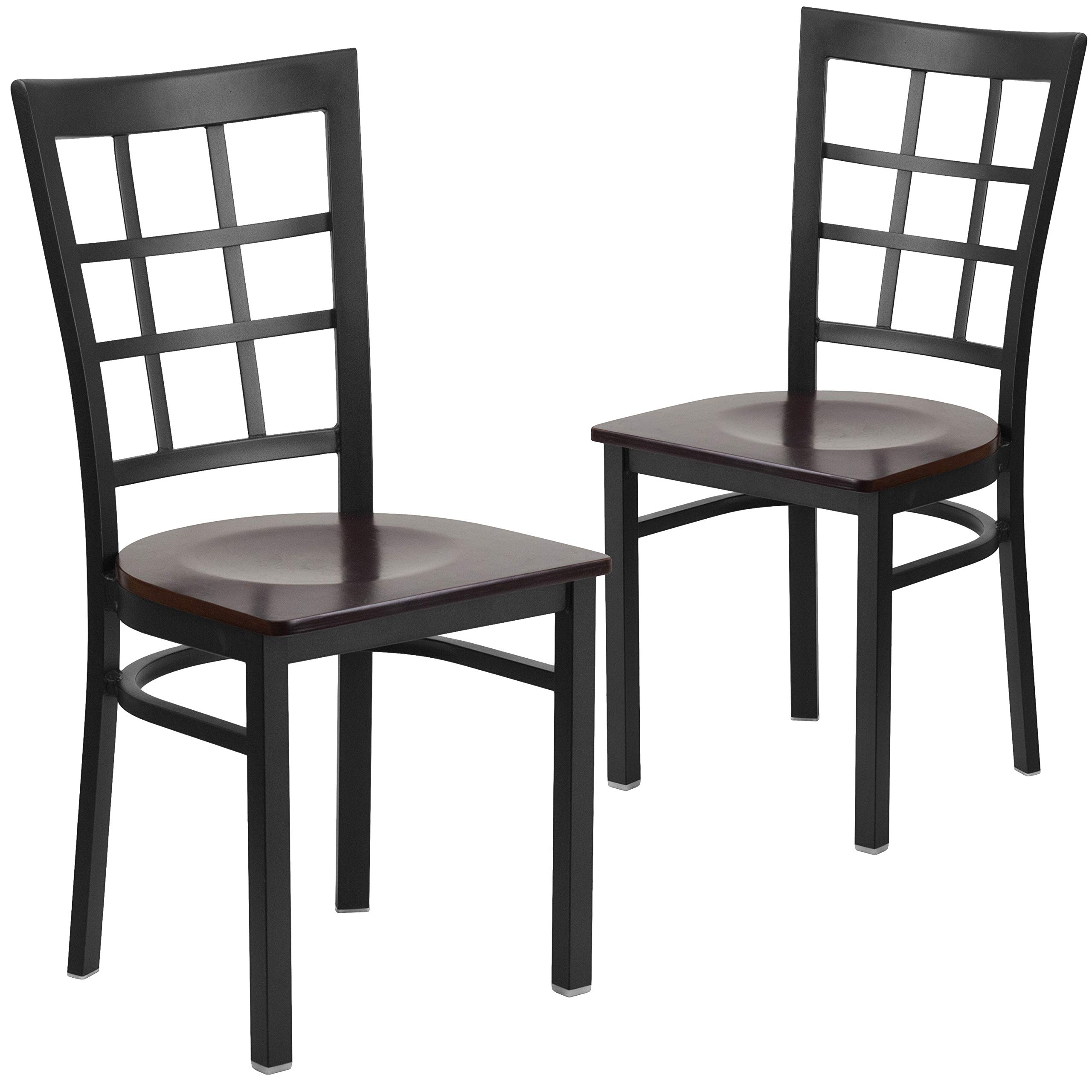 2 Pack Black Metal Frame Restaurant Chairs with Walnut Wood Seat - Heavy Duty Commercial Dining Chairs for Cafe, Bistro, and Home Kitchen Use