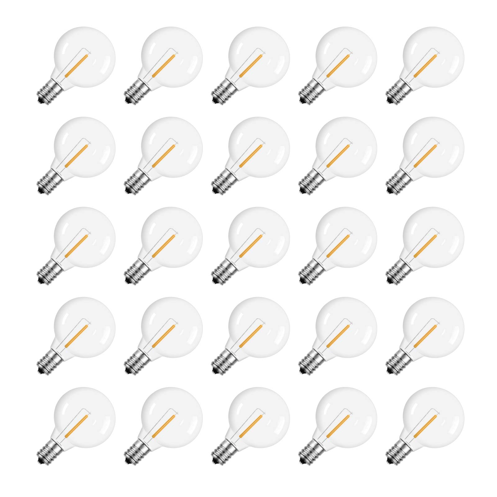 Meconard G40 Solar Replacement LED Bulbs - 25 Pack, E12 Candelabra Screw Base, 3V 1W Shatterproof Globe Bulbs for Outdoor String Lights (Warm White) - Perfect for Patio, Garden, Christmas & Holiday Decorations