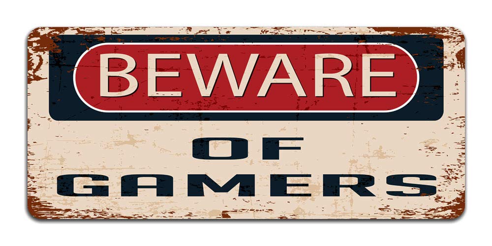 Vintage Metal Sign - Beware of Gamers - Retro Gaming Wall Decor for Bedroom, Man Cave & Game Room - Unique Metal Tin Sign for Gamers & Collectors